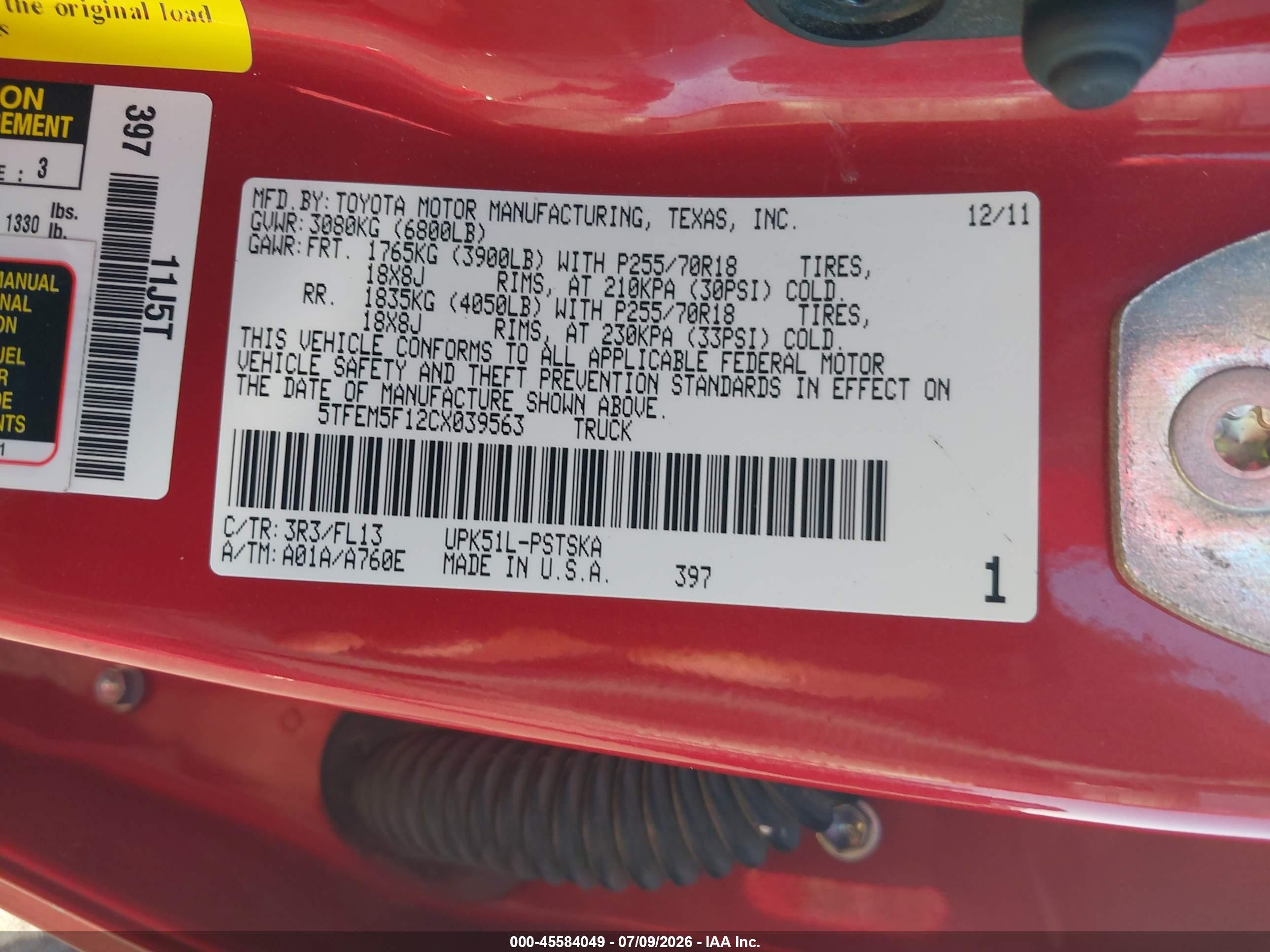 2012 Toyota Tundra Grade 4.6l V8 Red vin: 5TFEM5F12CX039563