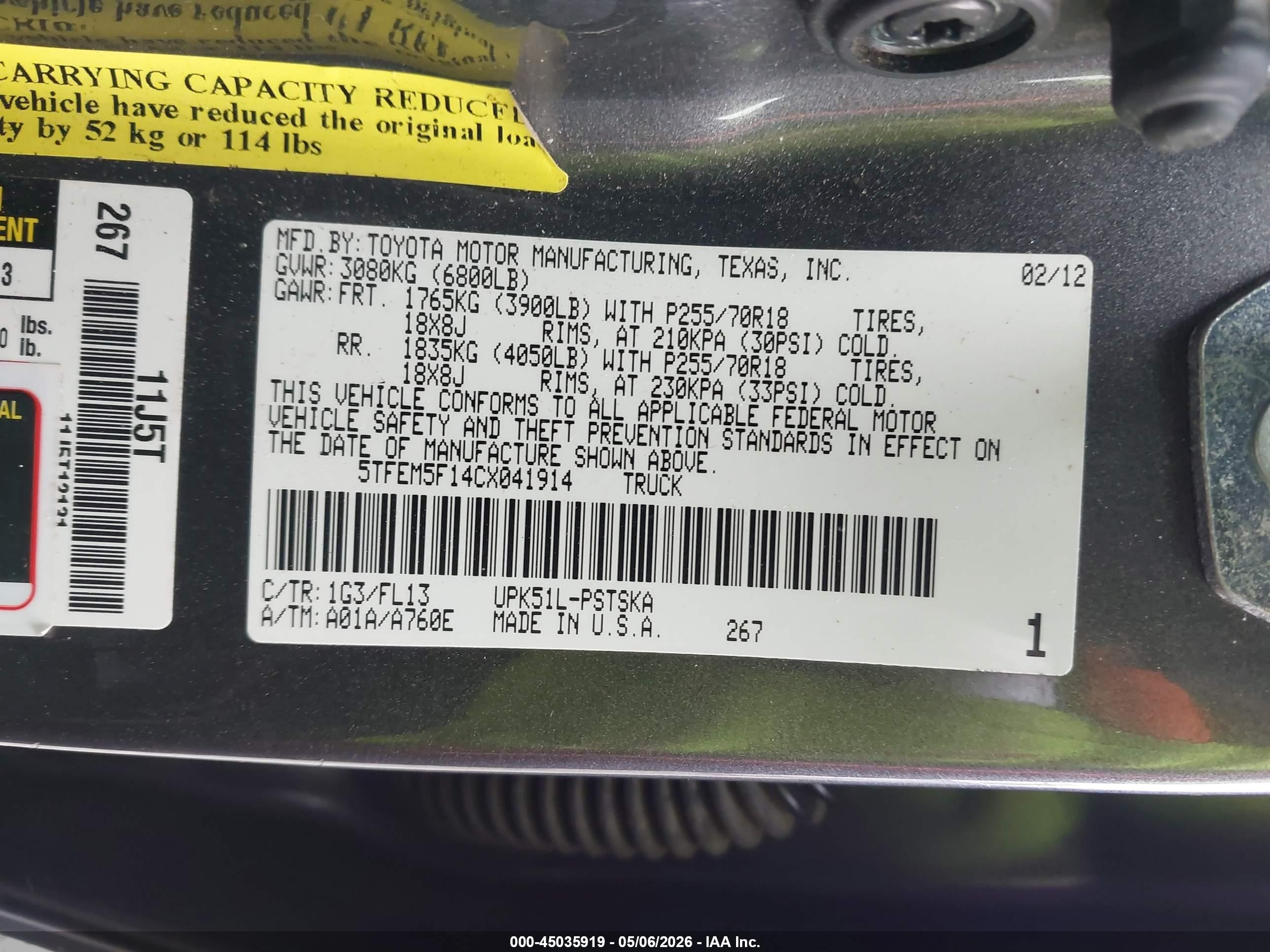 2012 Toyota Tundra Grade 4.6l V8 Серый vin: 5TFEM5F14CX041914
