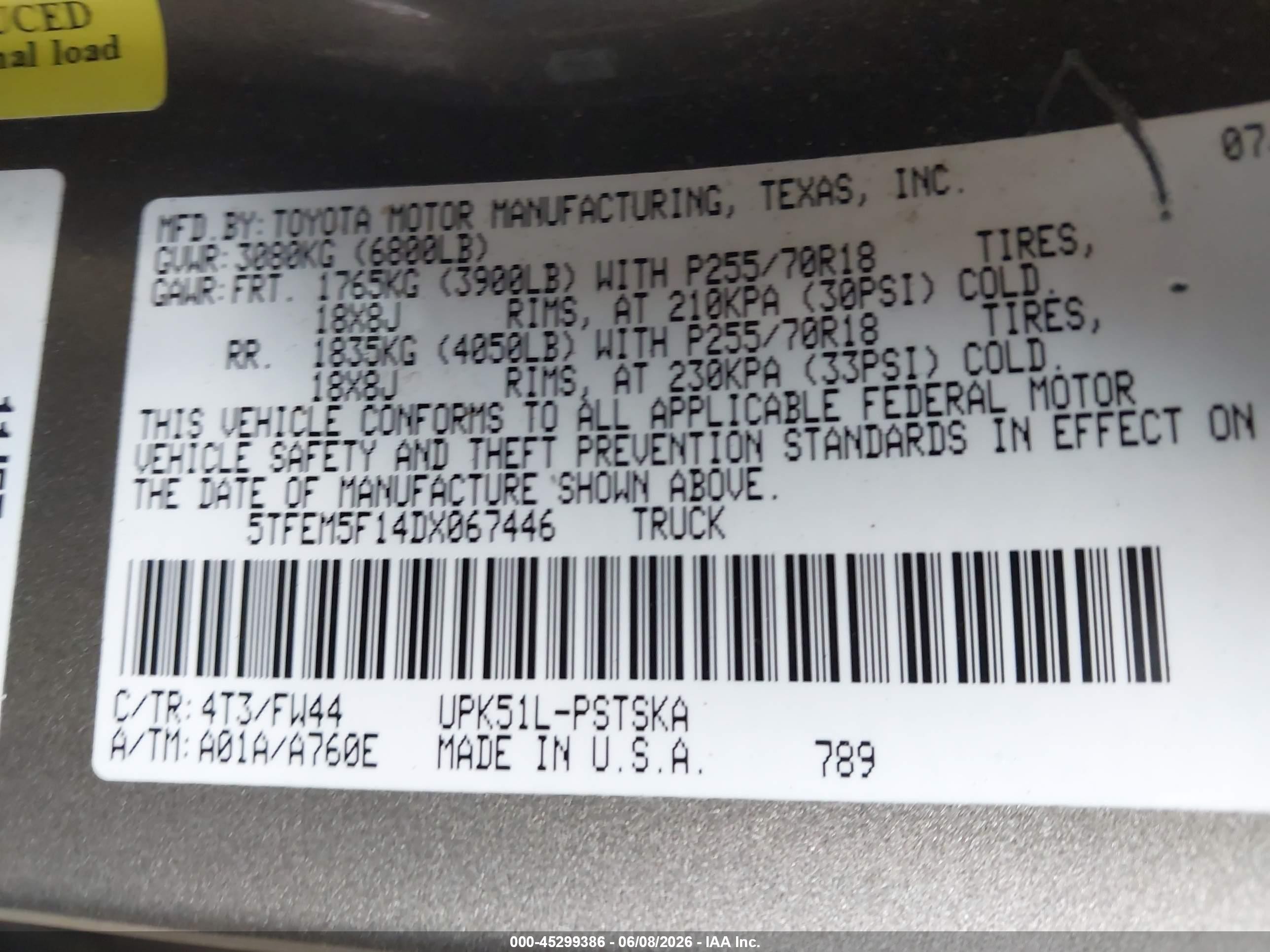 2013 Toyota Tundra Grade 4.6l V8 Brown vin: 5TFEM5F14DX067446