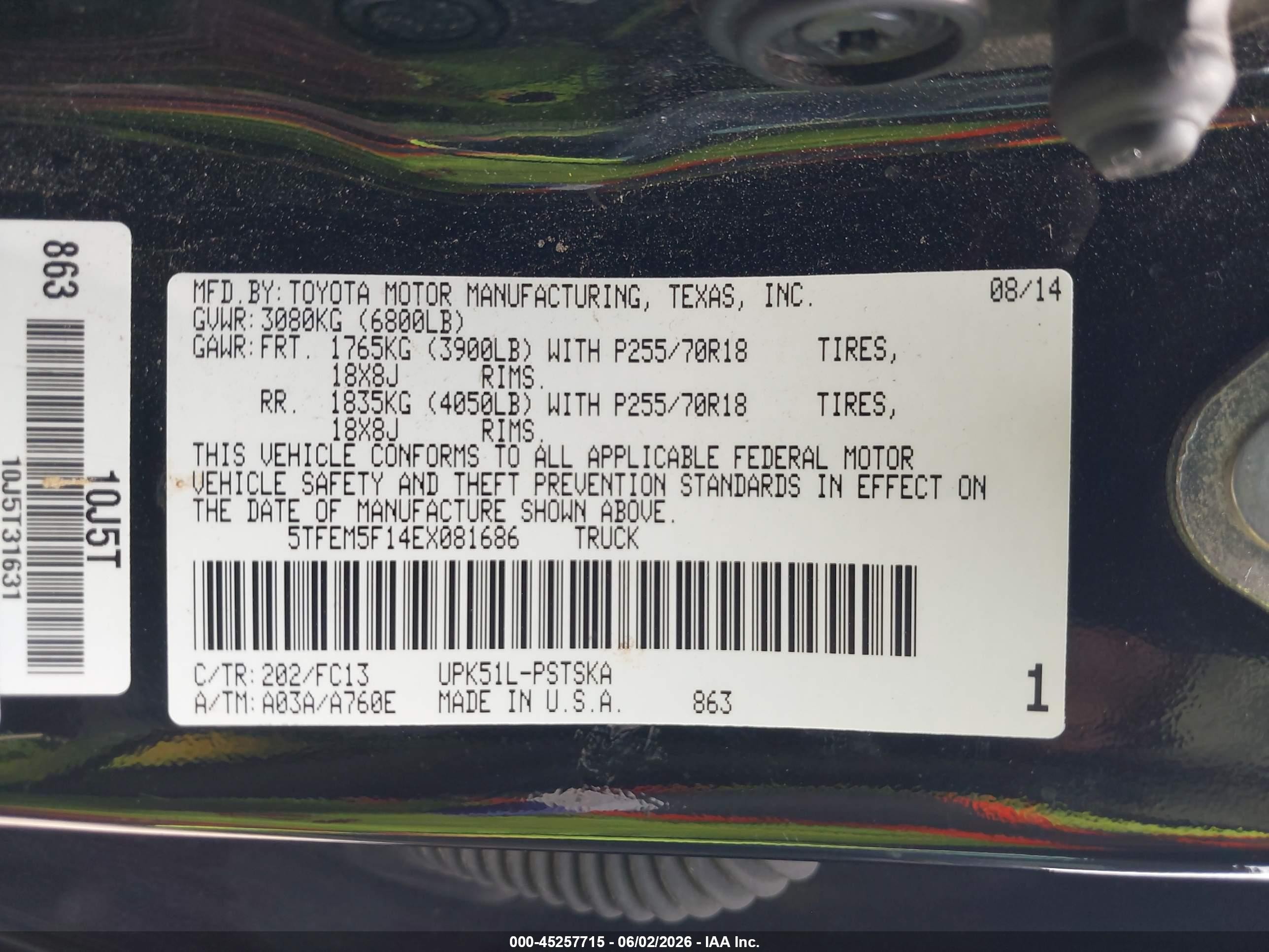 2014 Toyota Tundra Sr5 4.6l V8 Black vin: 5TFEM5F14EX081686