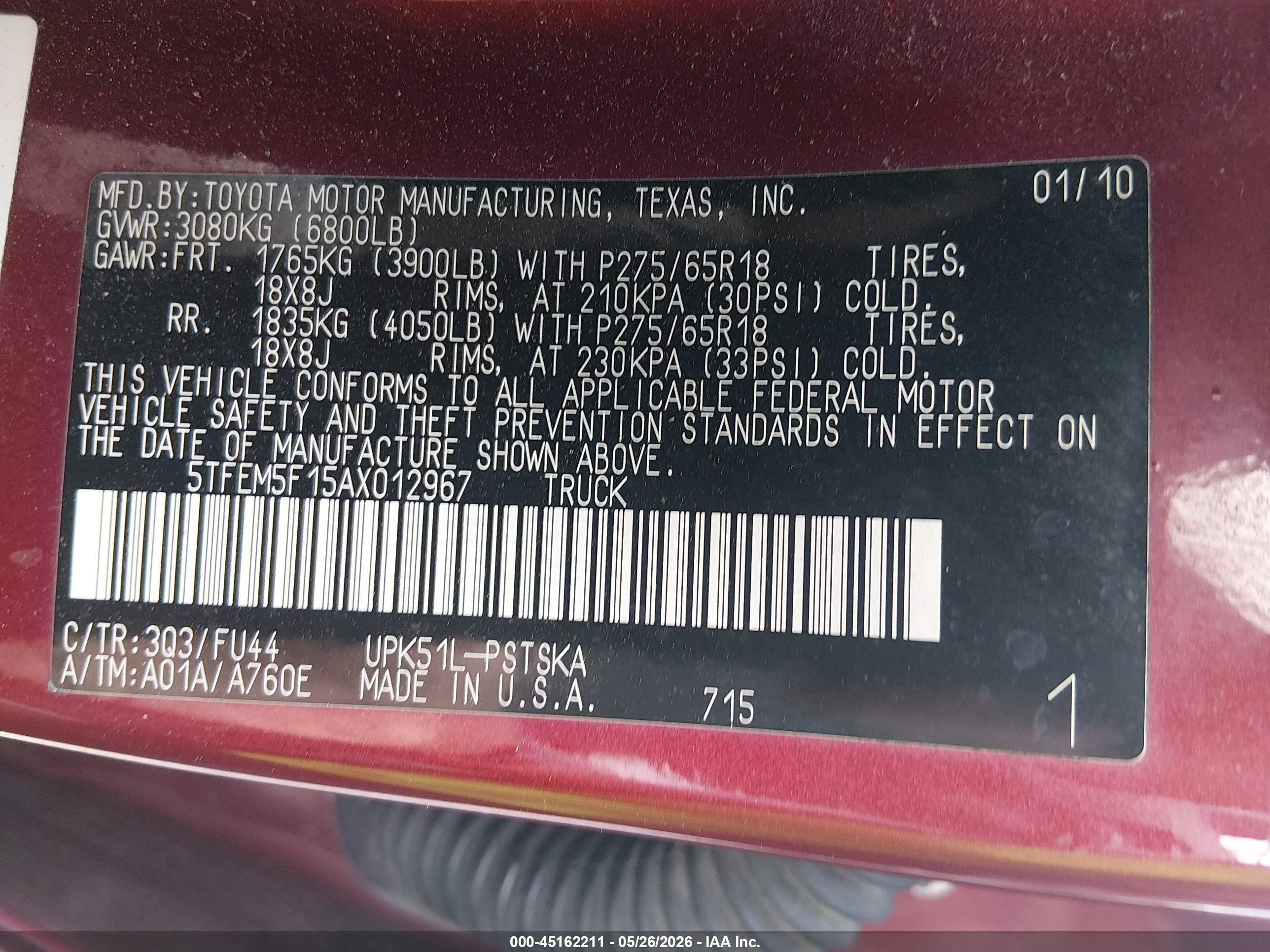 2010 Toyota Tundra Grade 4.6l V8 Burgundy vin: 5TFEM5F15AX012967