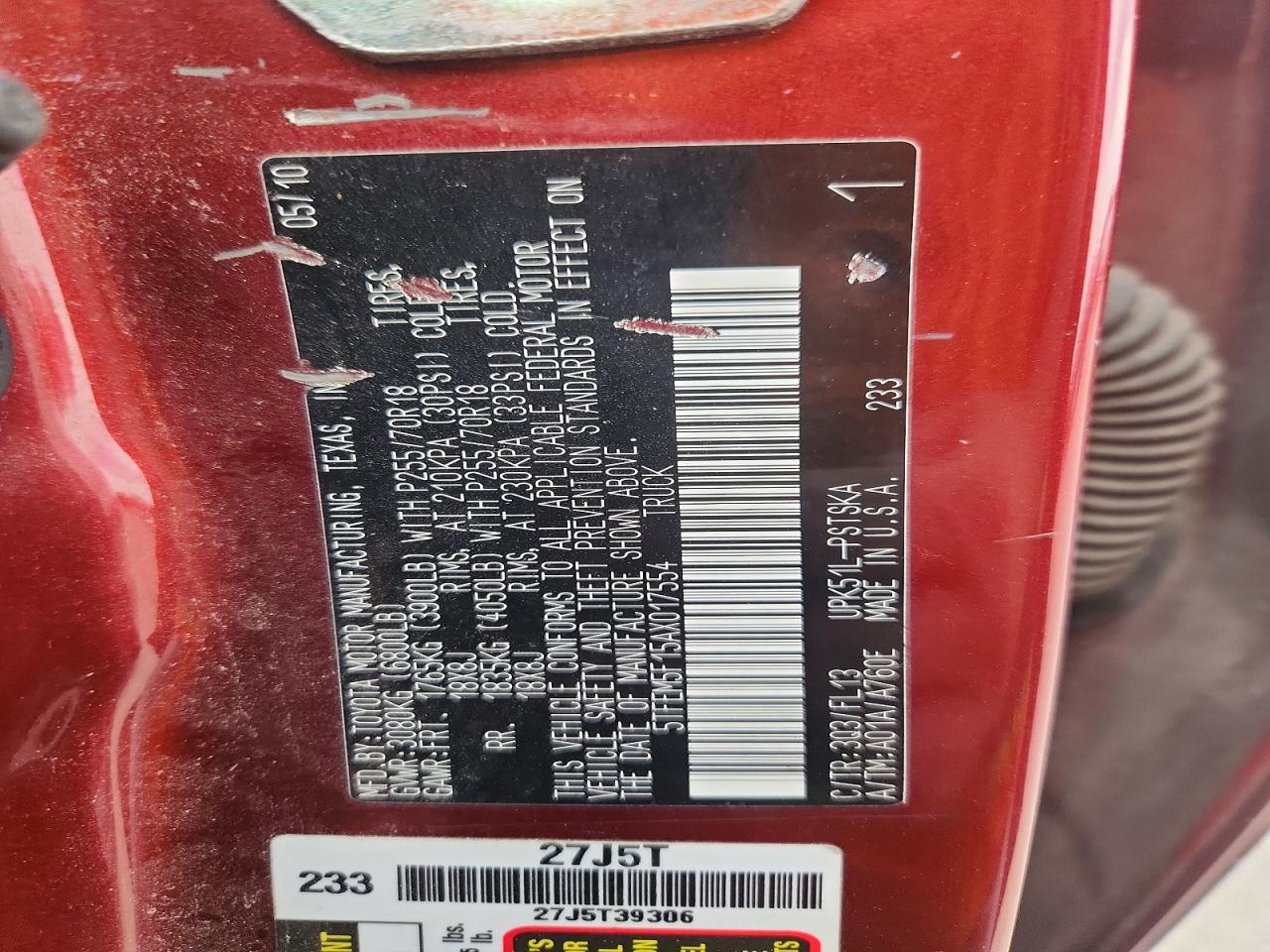 2010 Toyota Tundra Crewmax Sr5 Burgundy vin: 5TFEM5F15AX017554