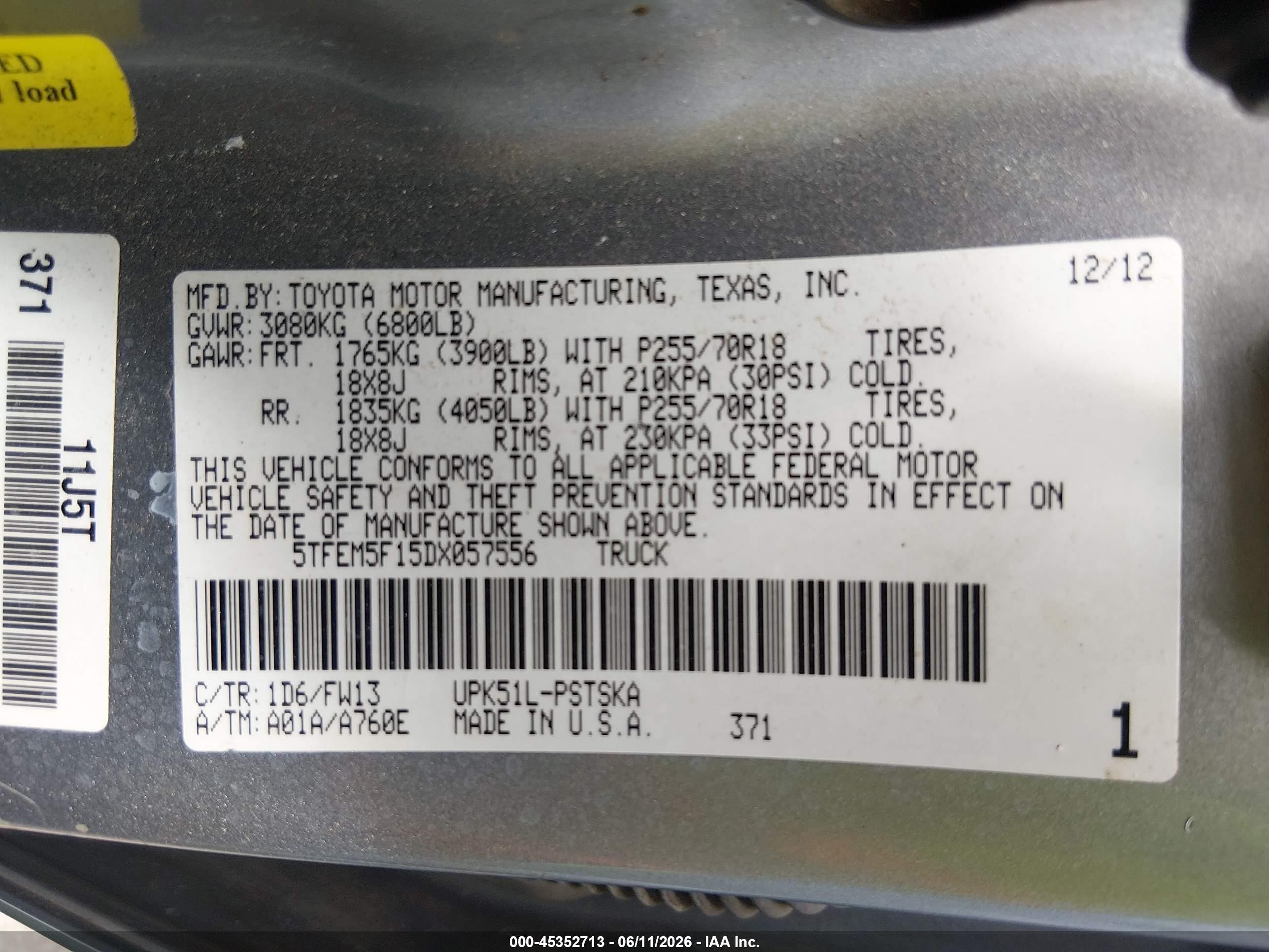 2013 Toyota Tundra Grade 4.6l V8 Gray vin: 5TFEM5F15DX057556