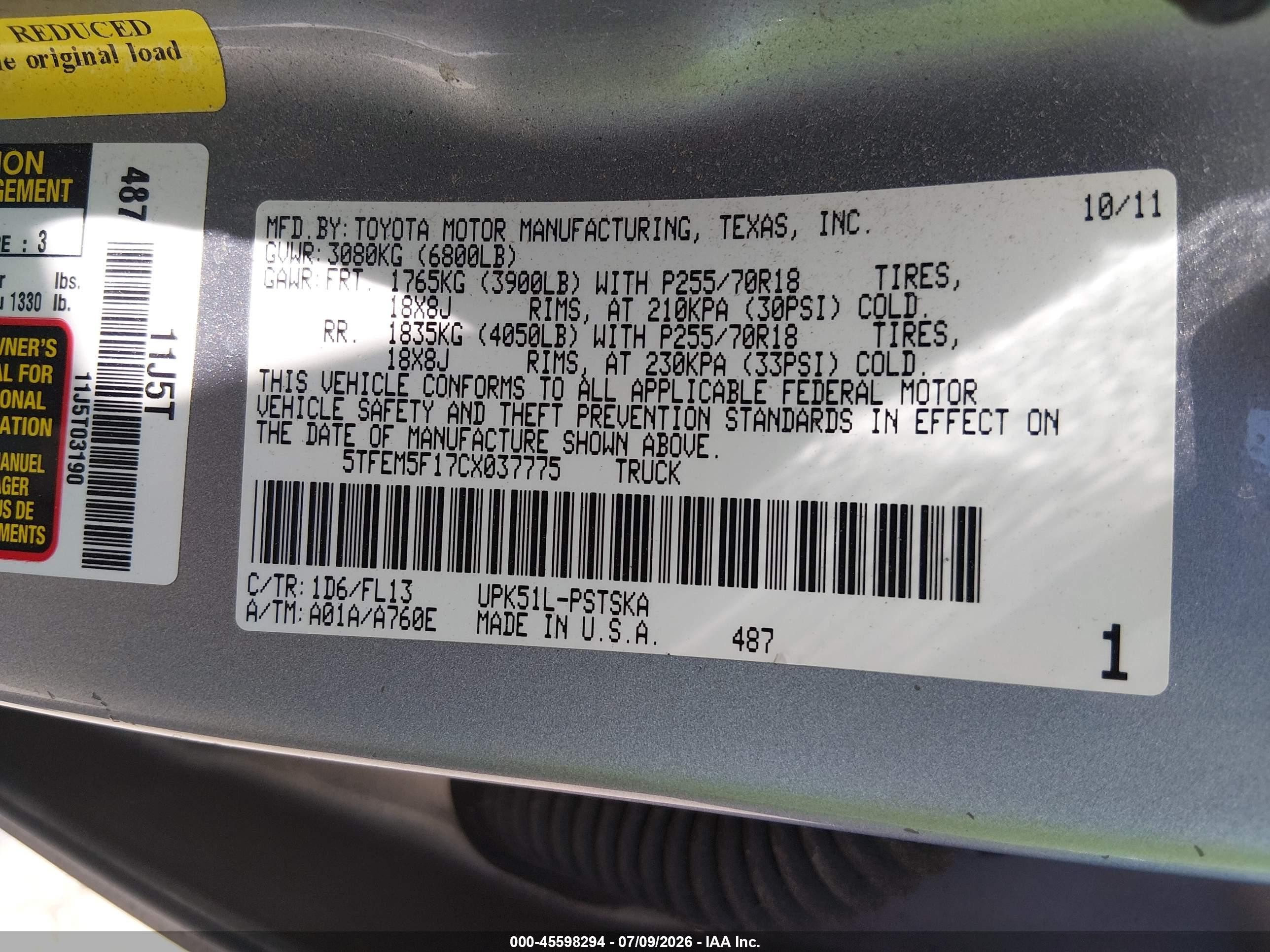 2012 Toyota Tundra Grade 4.6l V8 Silver vin: 5TFEM5F17CX037775