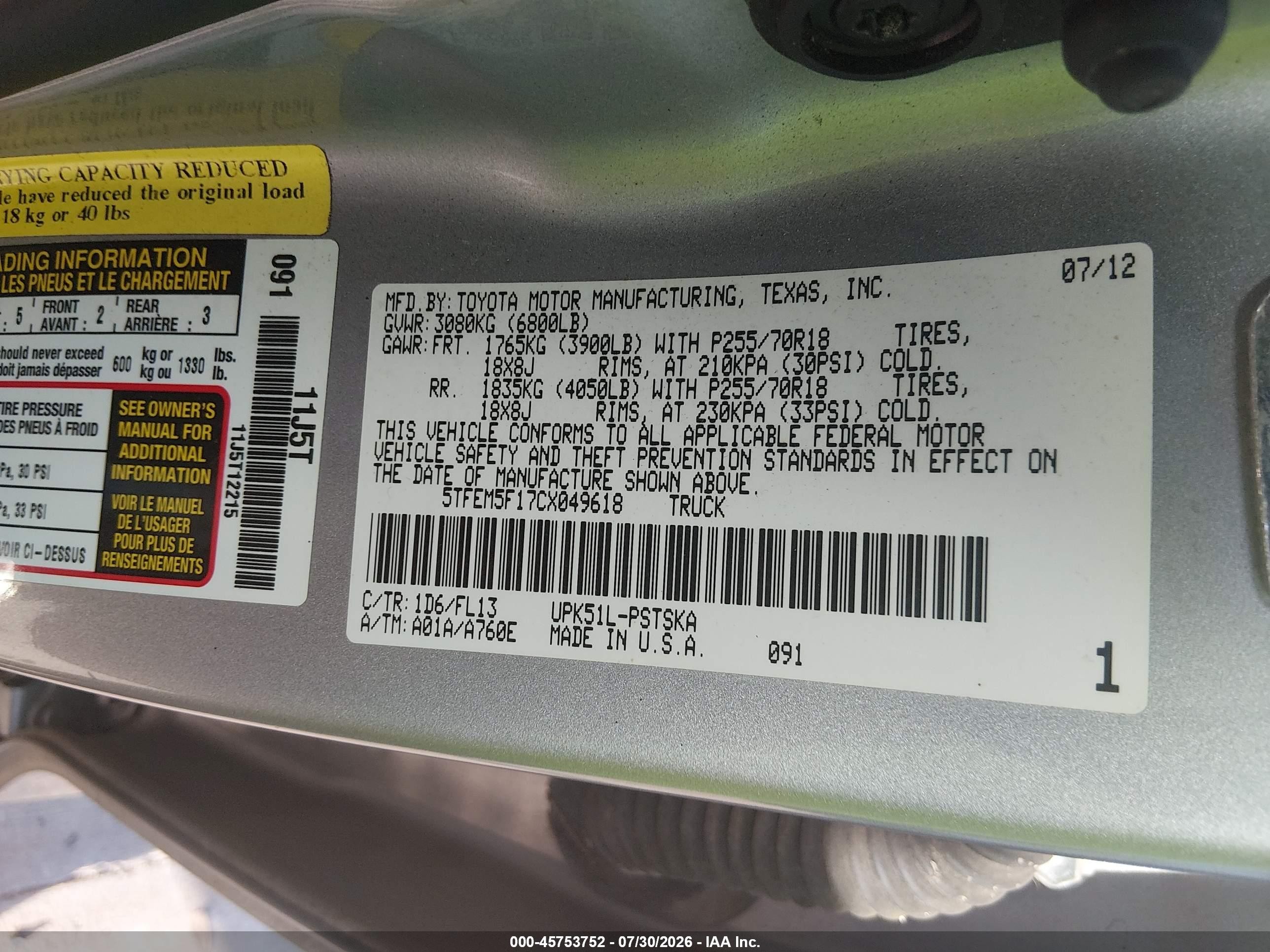 2012 Toyota Tundra Grade 4.6l V8 Silver vin: 5TFEM5F17CX049618