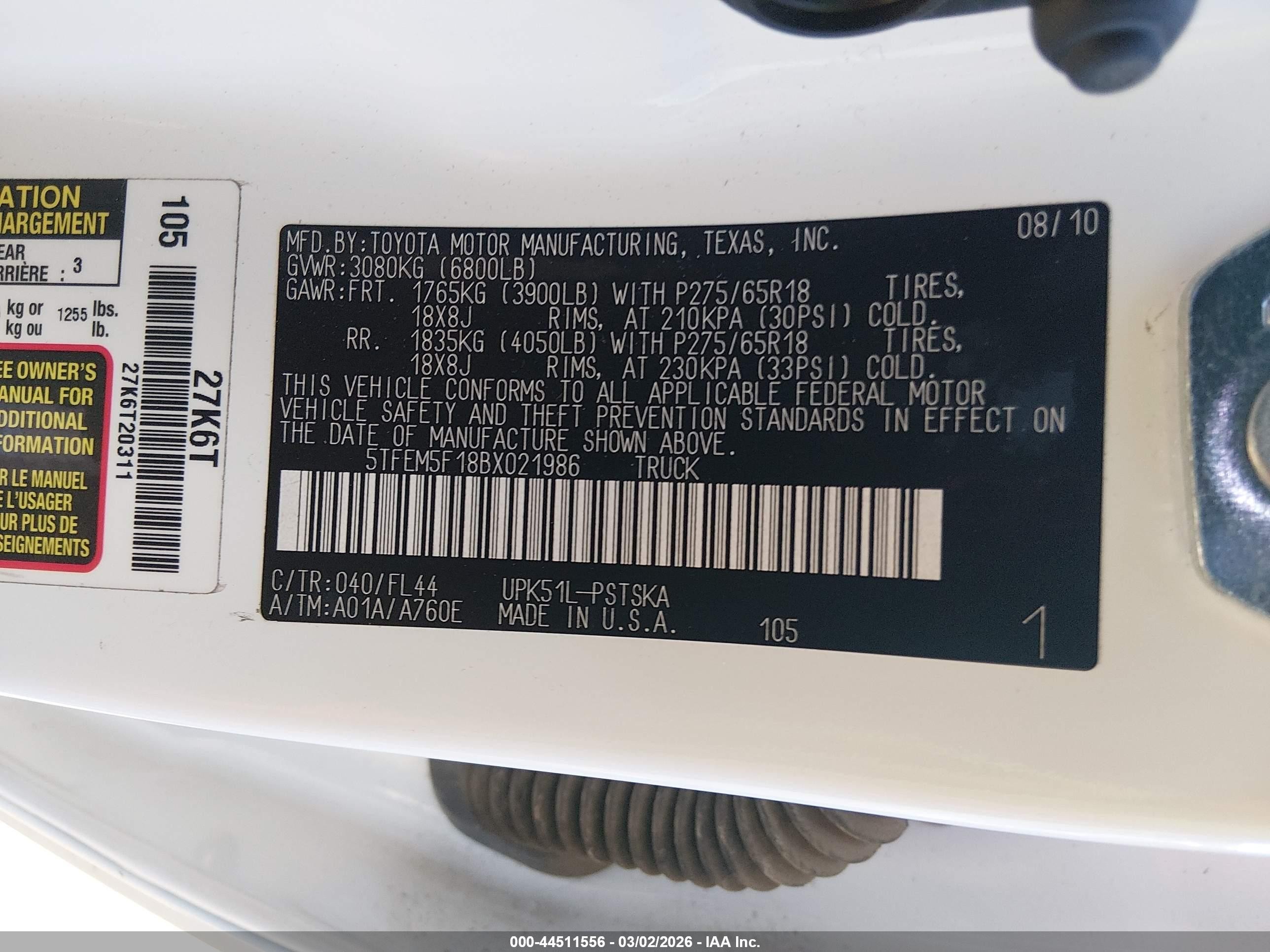2011 Toyota Tundra Grade 4.6l V8 Белый vin: 5TFEM5F18BX021986