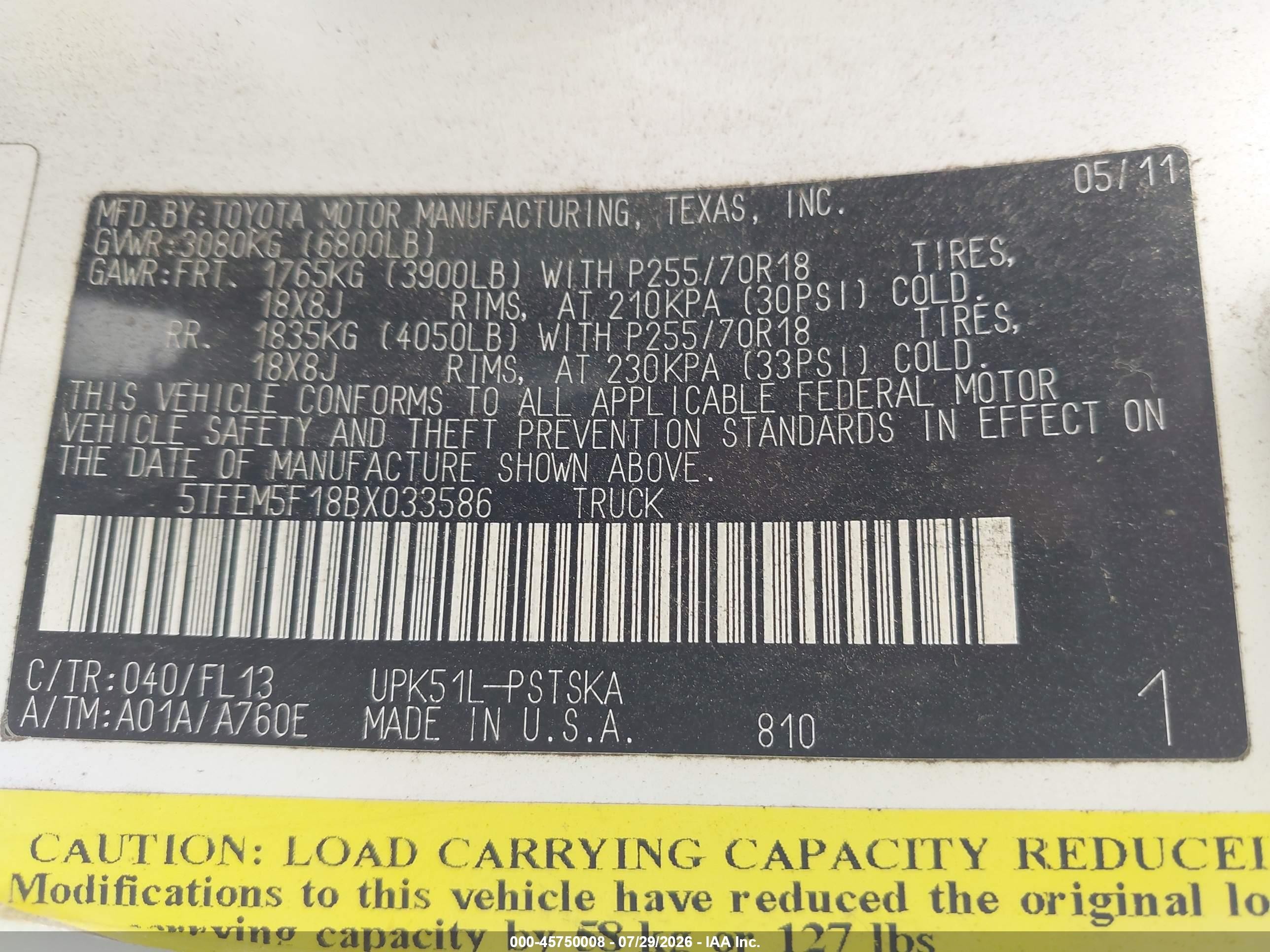 2011 Toyota Tundra Grade 4.6l V8 White vin: 5TFEM5F18BX033586