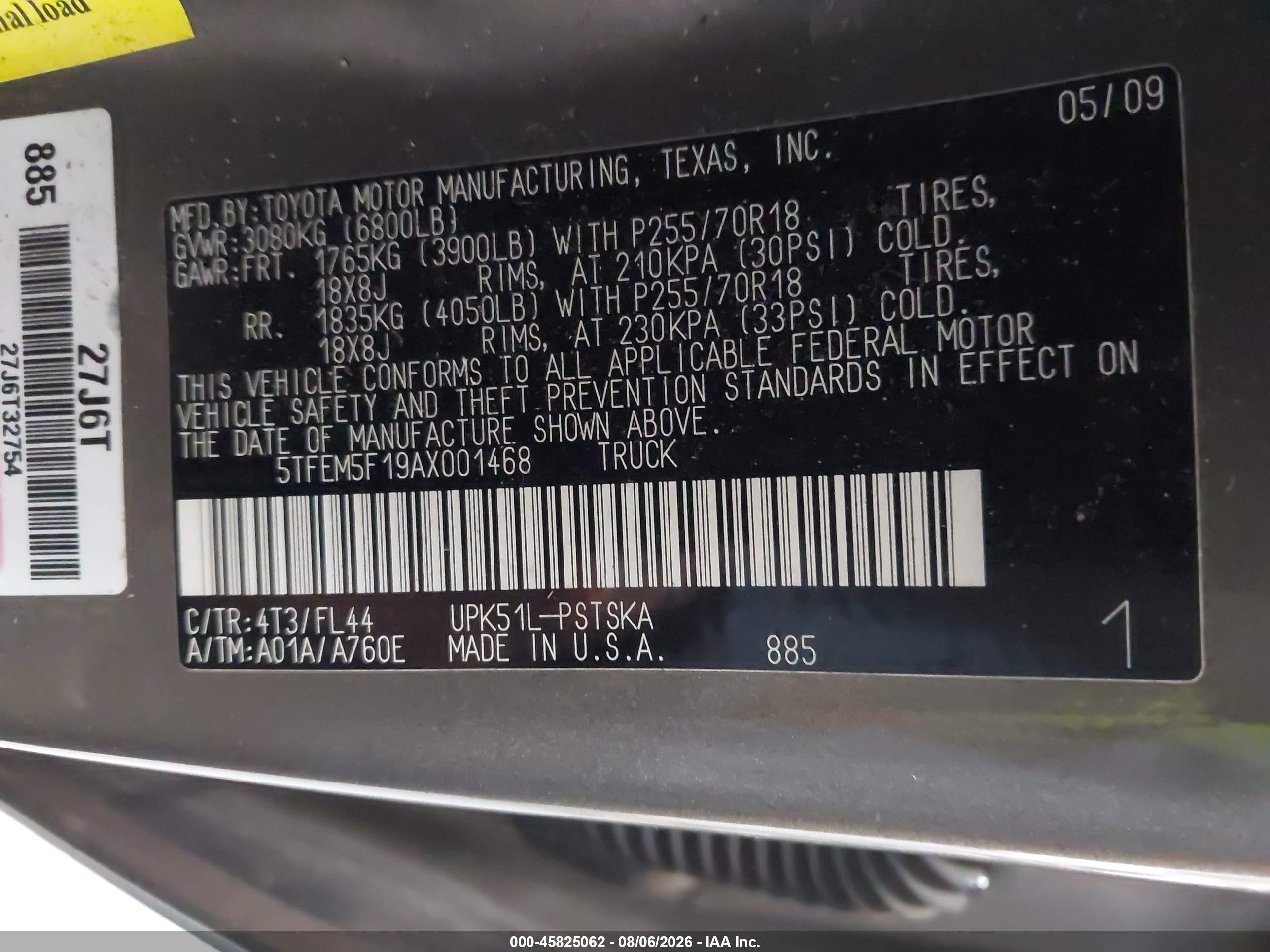 2010 Toyota Tundra Grade 4.6l V8 Gold vin: 5TFEM5F19AX001468