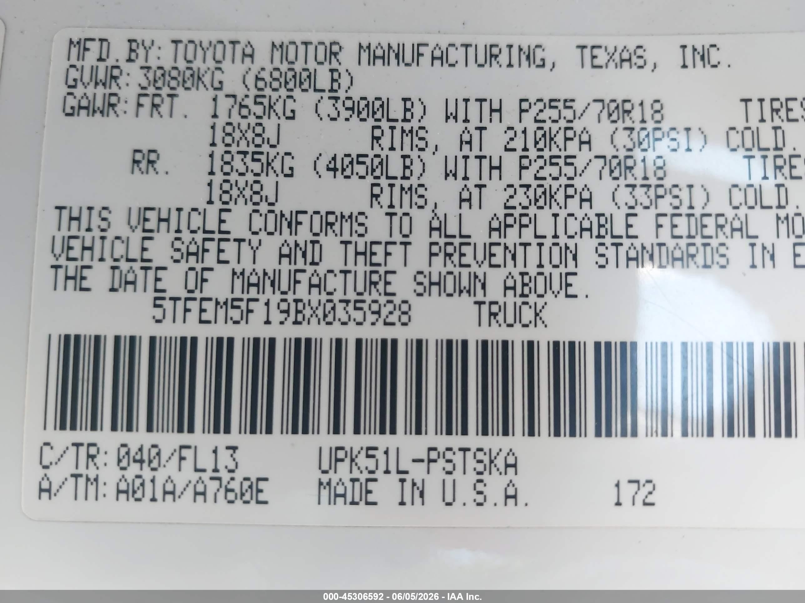 2011 Toyota Tundra Grade 4.6l V8 White vin: 5TFEM5F19BX035928