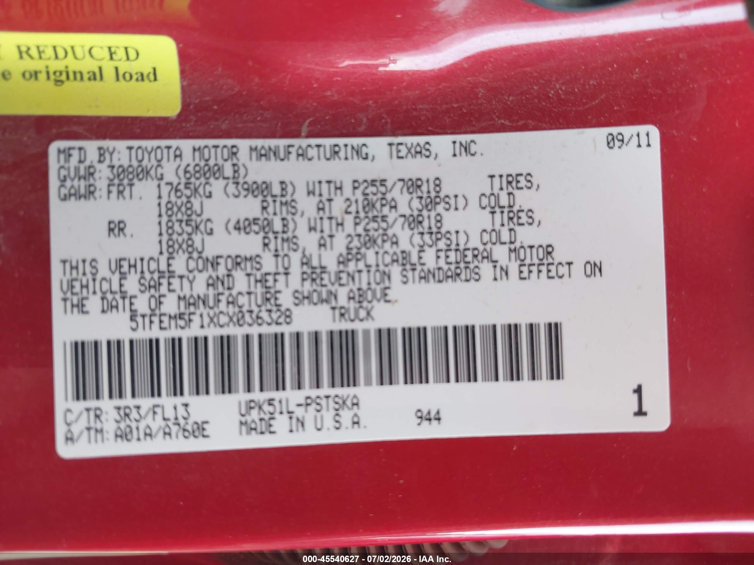 2012 Toyota Tundra Grade 4.6l V8 Red vin: 5TFEM5F1XCX036328