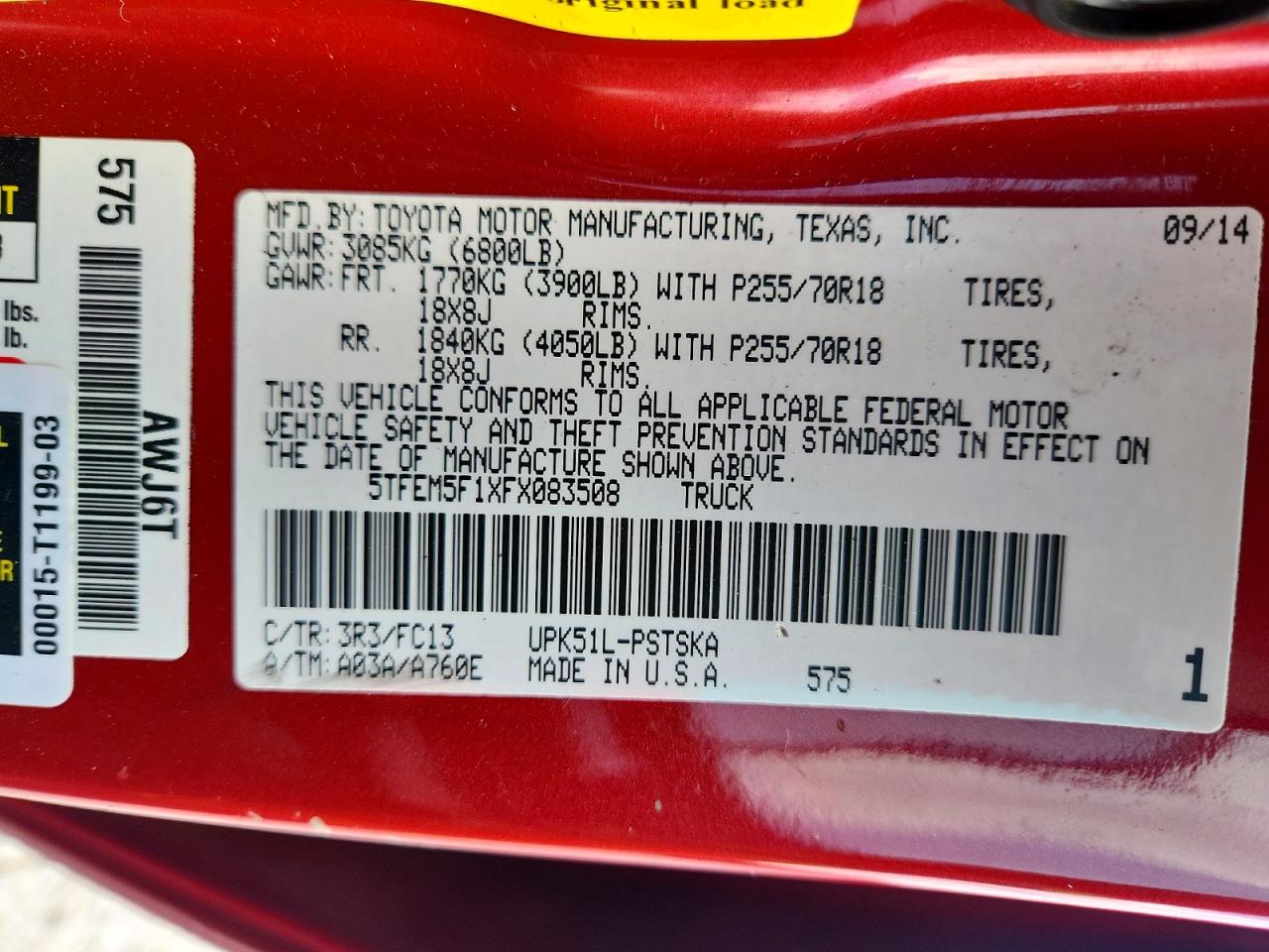 2015 Toyota Tundra Sr5 Red vin: 5TFEM5F1XFX083508