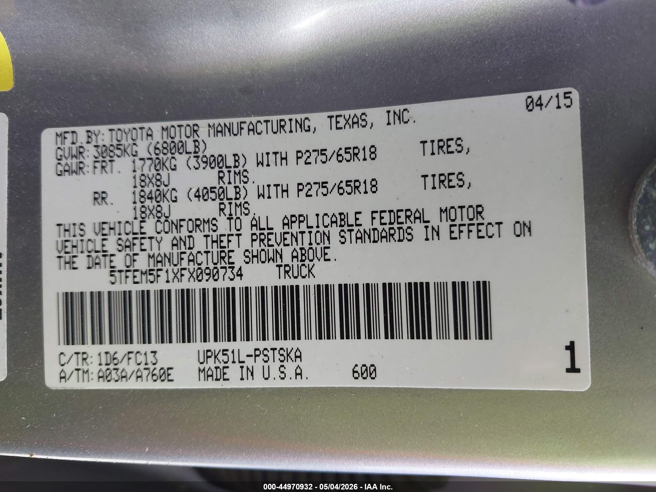 2015 Toyota Tundra Sr5 4.6l V8 Серебряный vin: 5TFEM5F1XFX090734