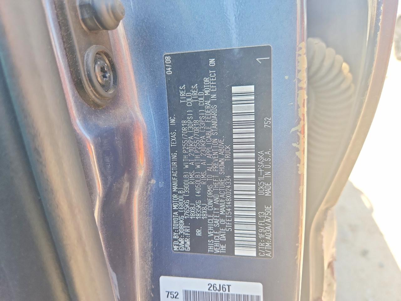 2008 Toyota Tundra Grade Gray vin: 5TFET54148X024334