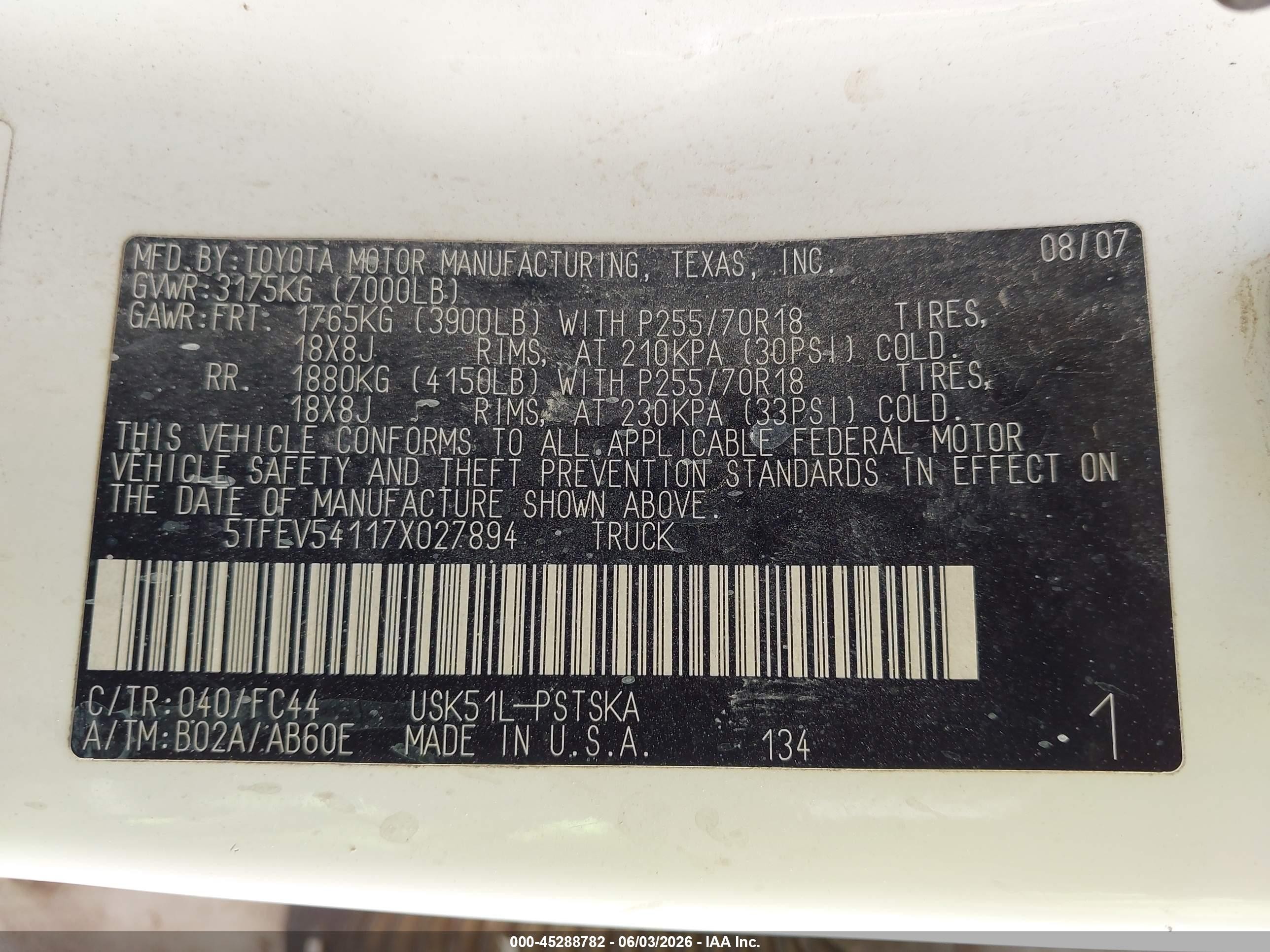 2007 Toyota Tundra Sr5 5.7l V8 White vin: 5TFEV54117X027894