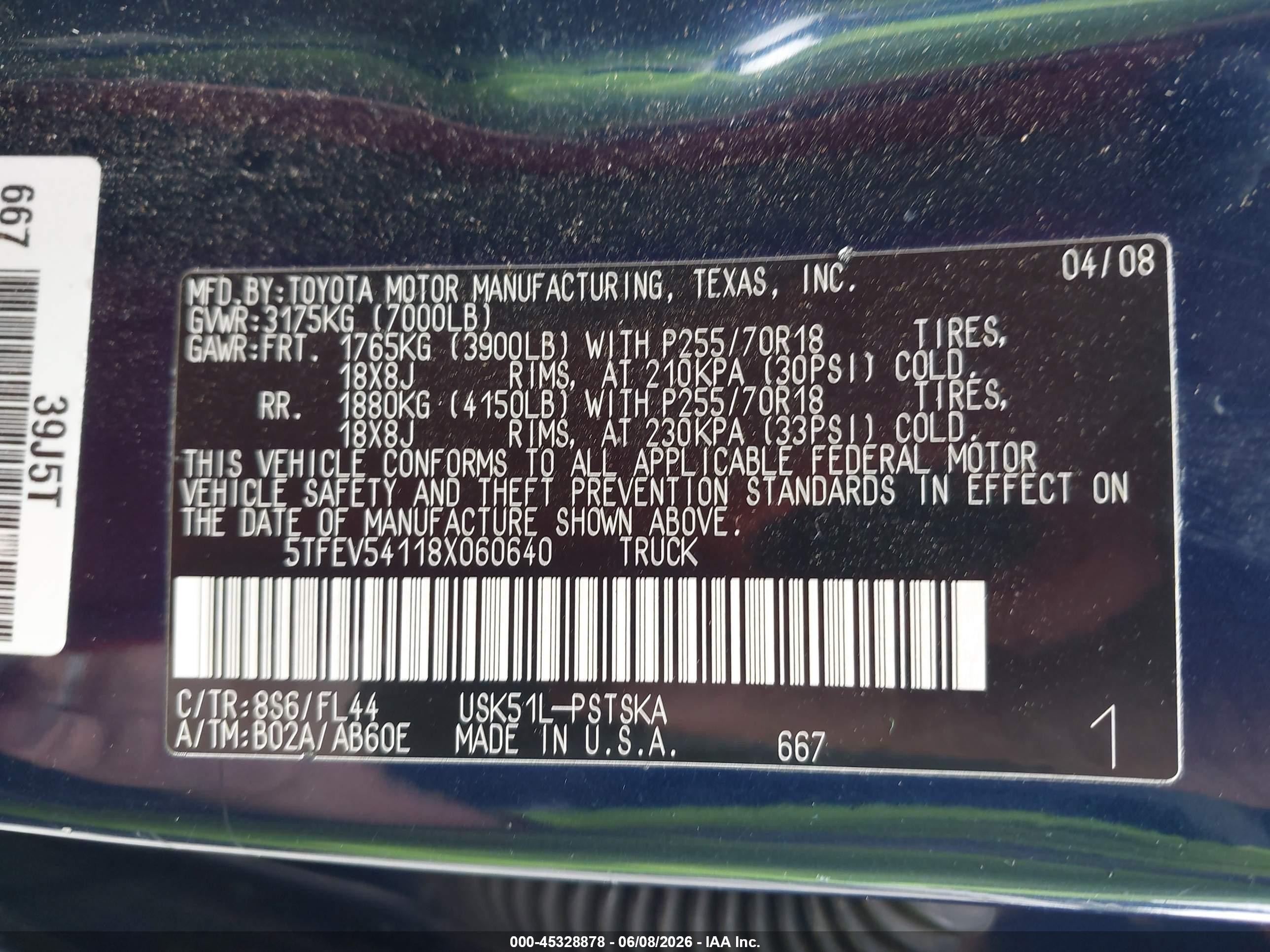 2008 Toyota Tundra Base 5.7l V8 Blue vin: 5TFEV54118X060640