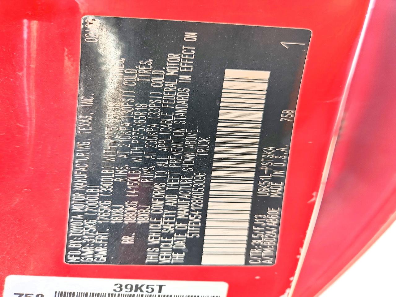 2008 Toyota Tundra Sr5 Red vin: 5TFEV54128X053096