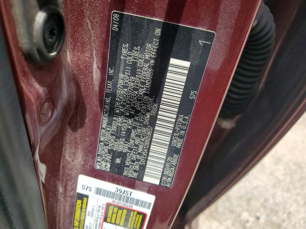 2008 Toyota Tundra Sr5 Red vin: 5TFEV54128X059657