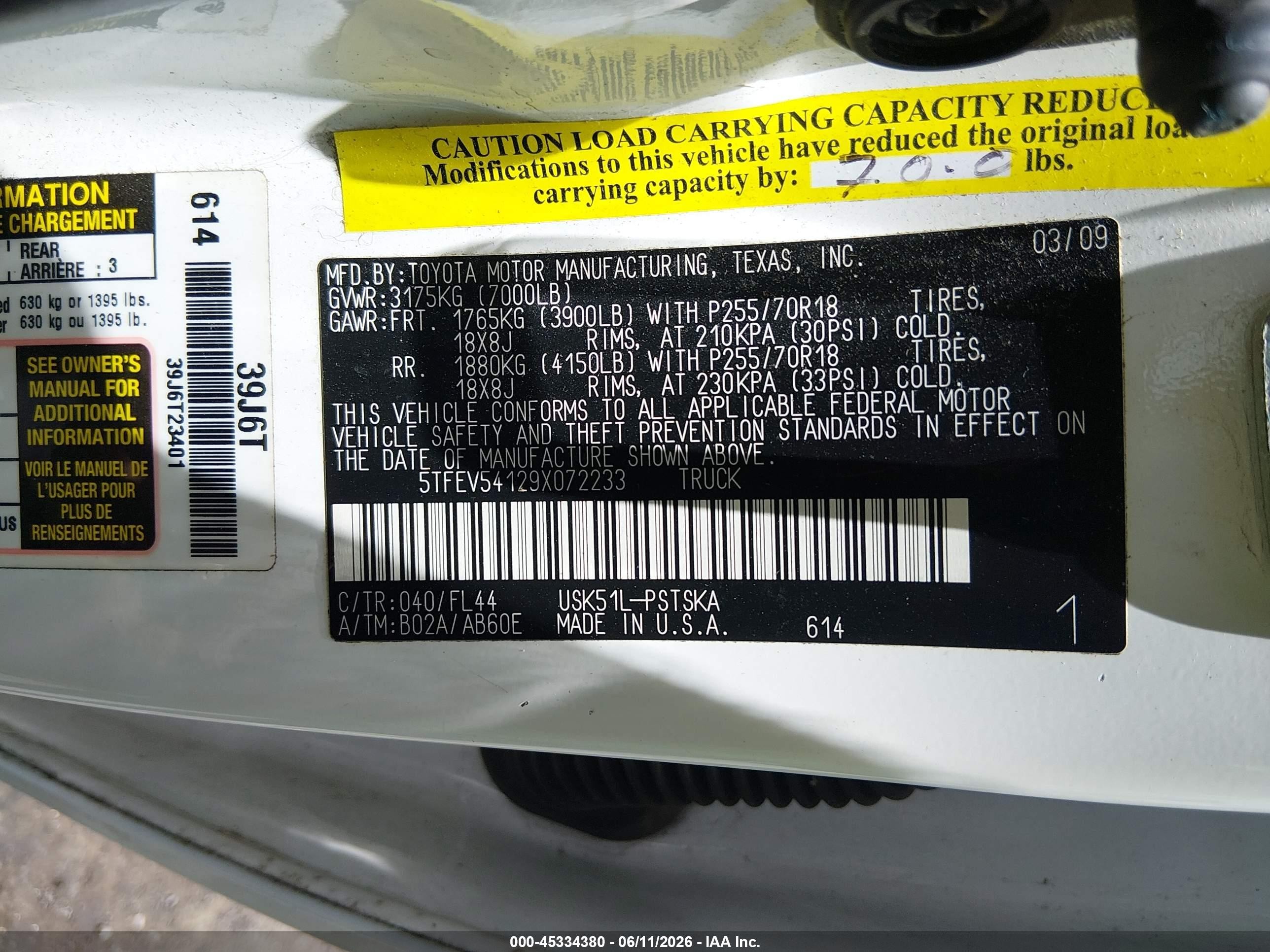 2009 Toyota Tundra Grade 5.7l V8 White vin: 5TFEV54129X072233