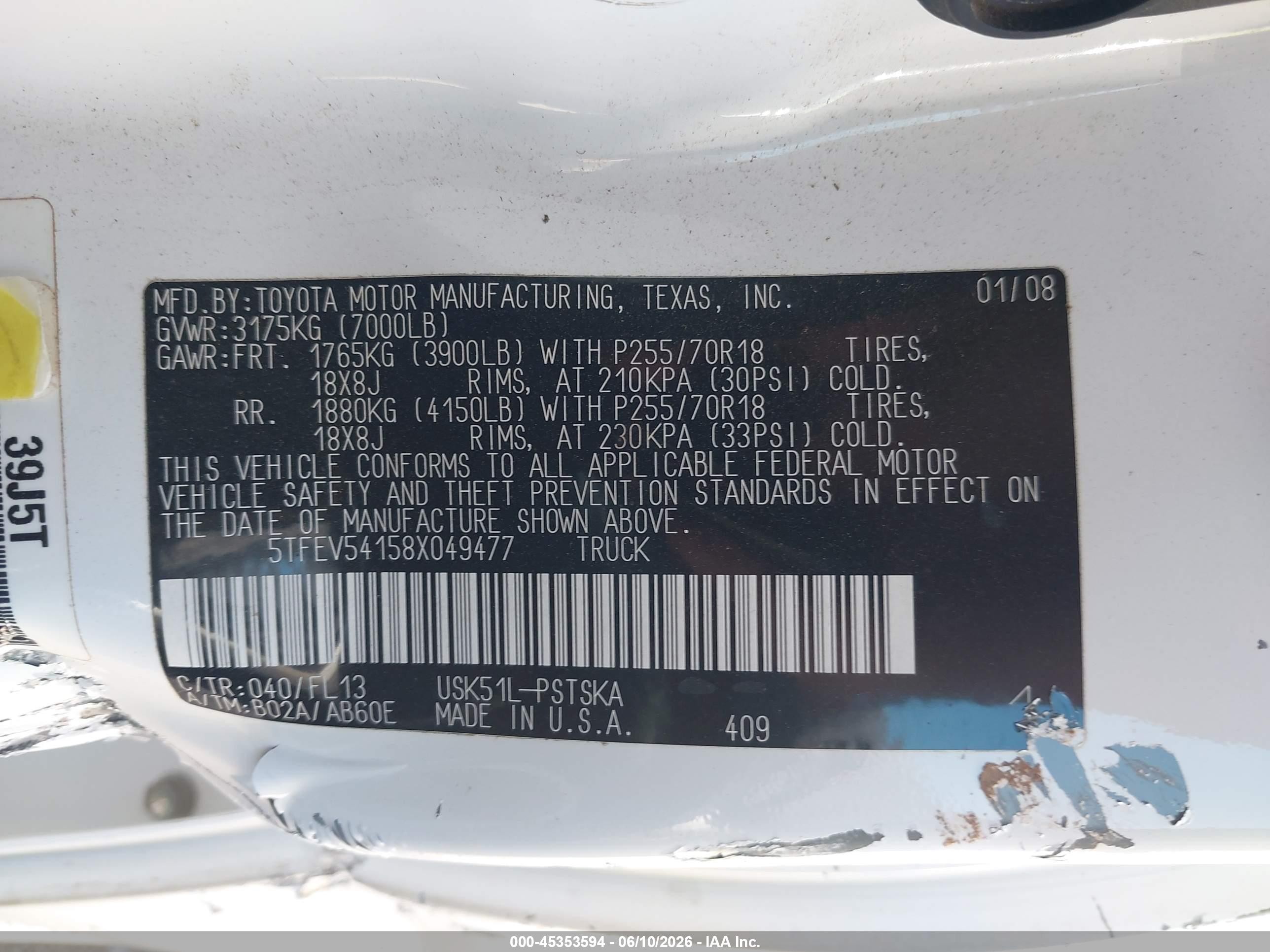 2008 Toyota Tundra Sr5 5.7l V8 White vin: 5TFEV54158X049477