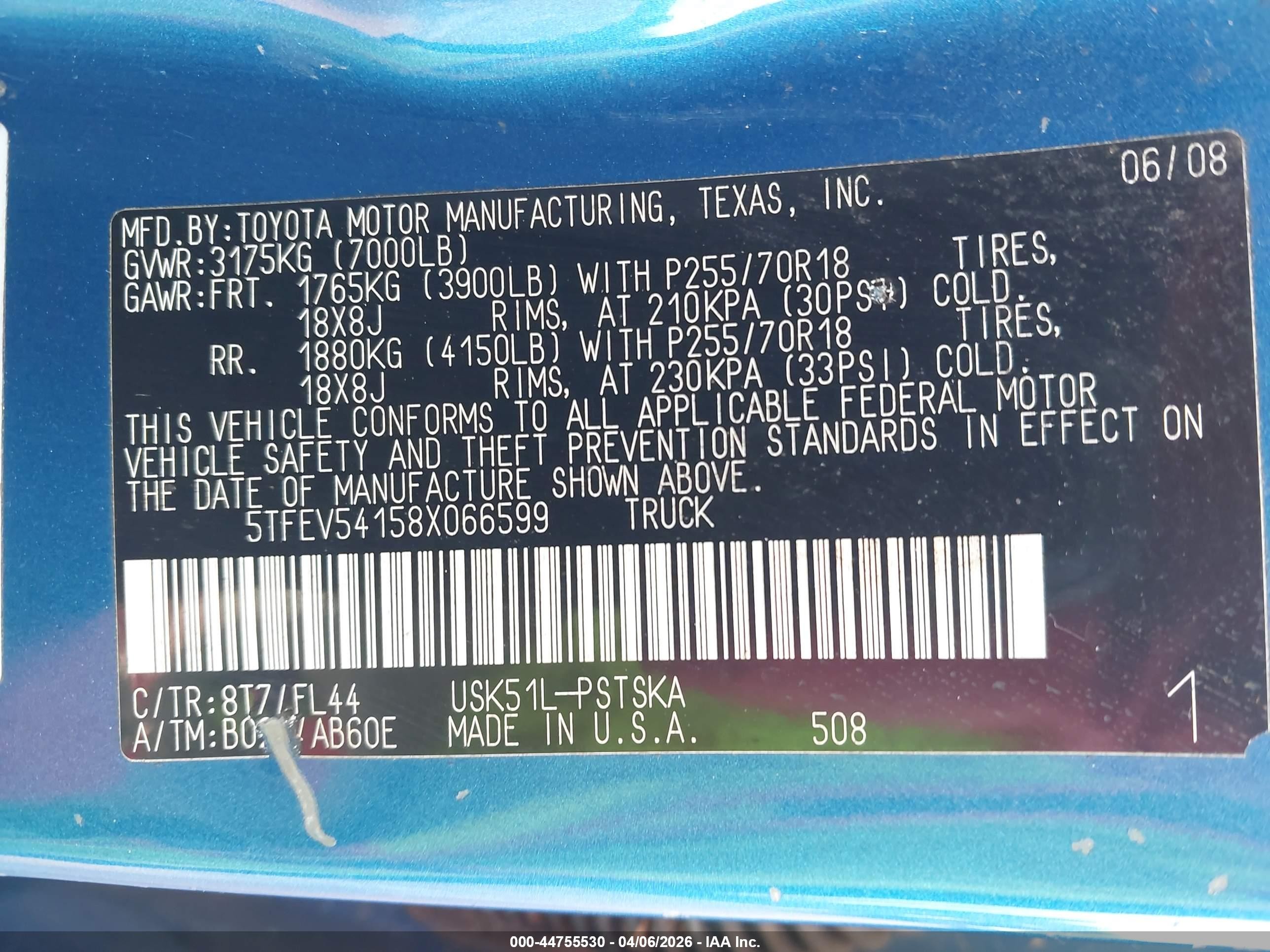 2008 Toyota Tundra Sr5 5.7l V8 Blue vin: 5TFEV54158X066599