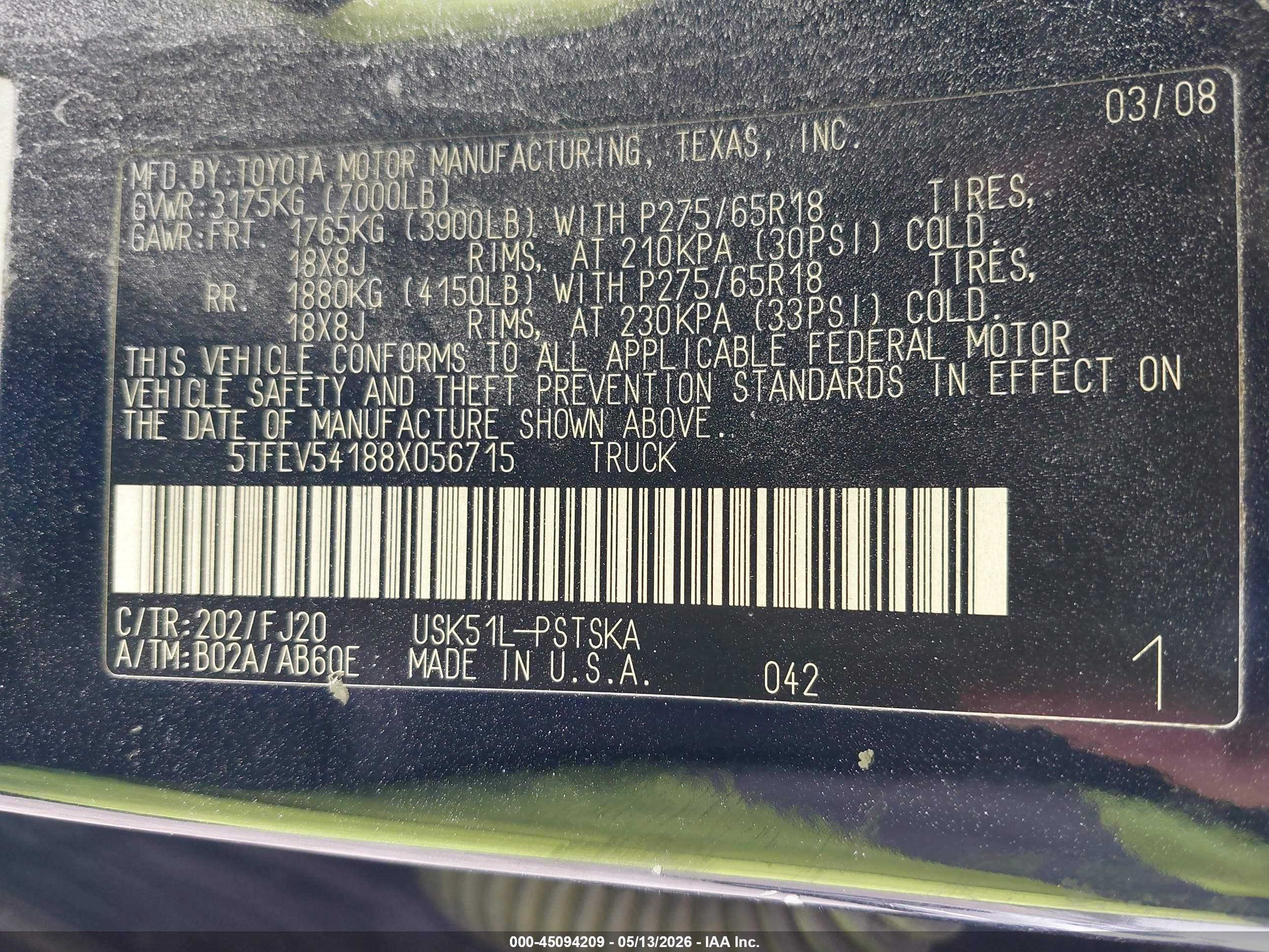 2008 Toyota Tundra Sr5 5.7l V8 Black vin: 5TFEV54188X056715