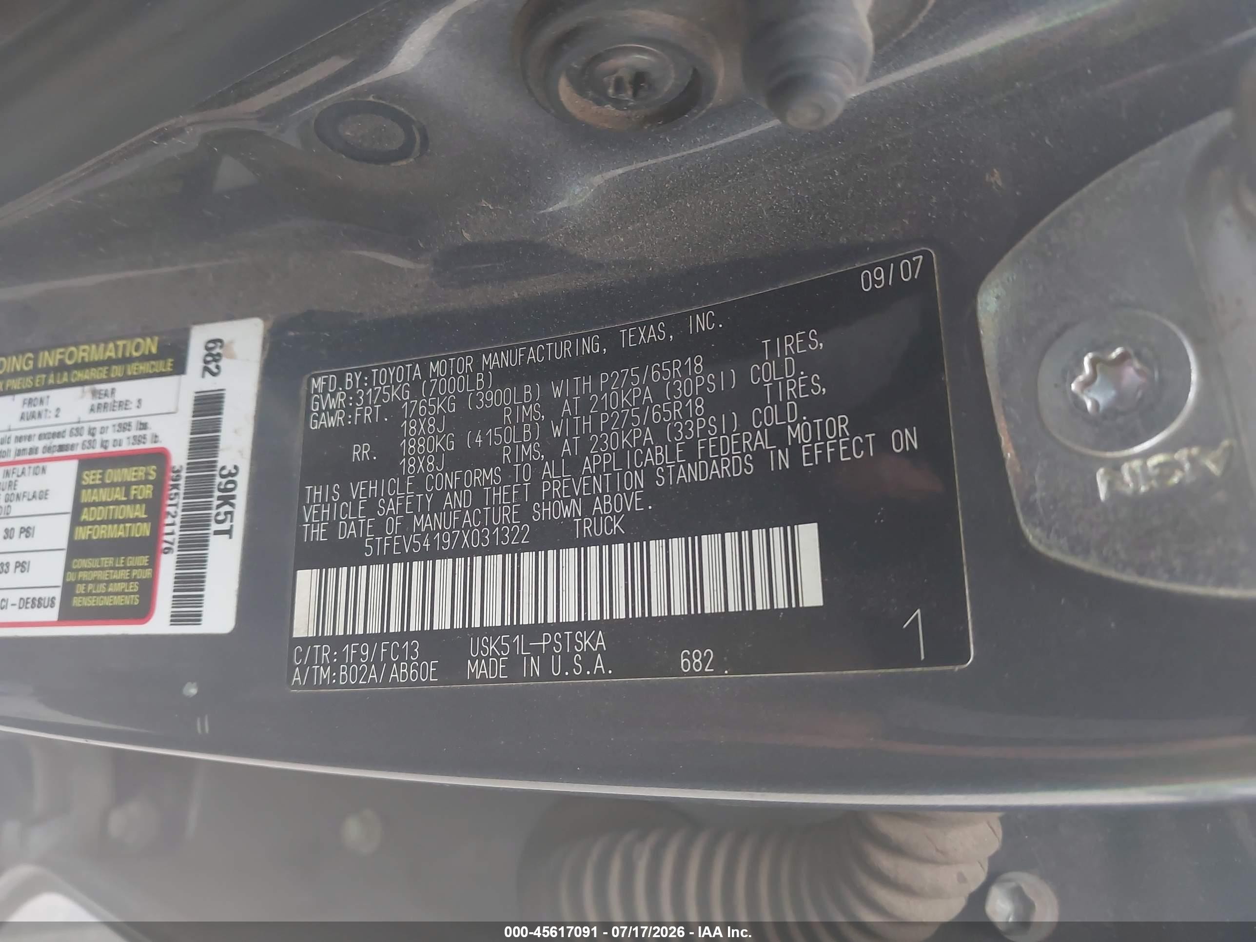 2007 Toyota Tundra Sr5 5.7l V8 Dark Blue vin: 5TFEV54197X031322