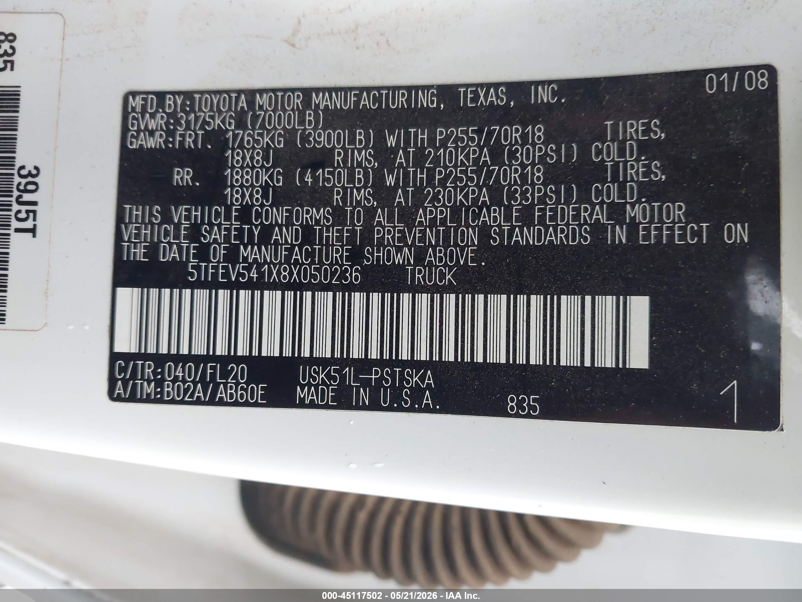 2008 Toyota Tundra Sr5 5.7l V8 White vin: 5TFEV541X8X050236
