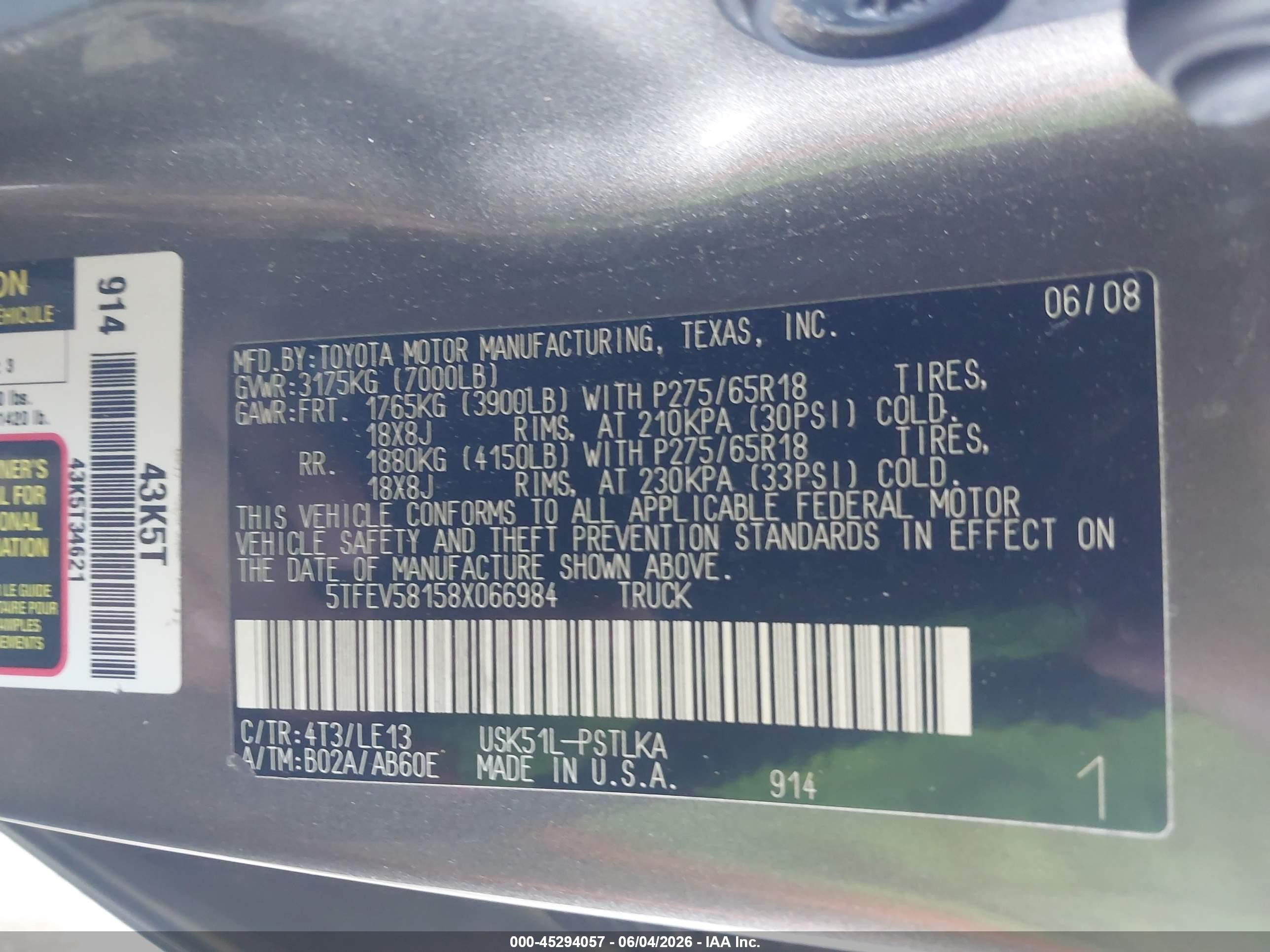 2008 Toyota Tundra Limited 5.7l V8 Brown vin: 5TFEV58158X066984