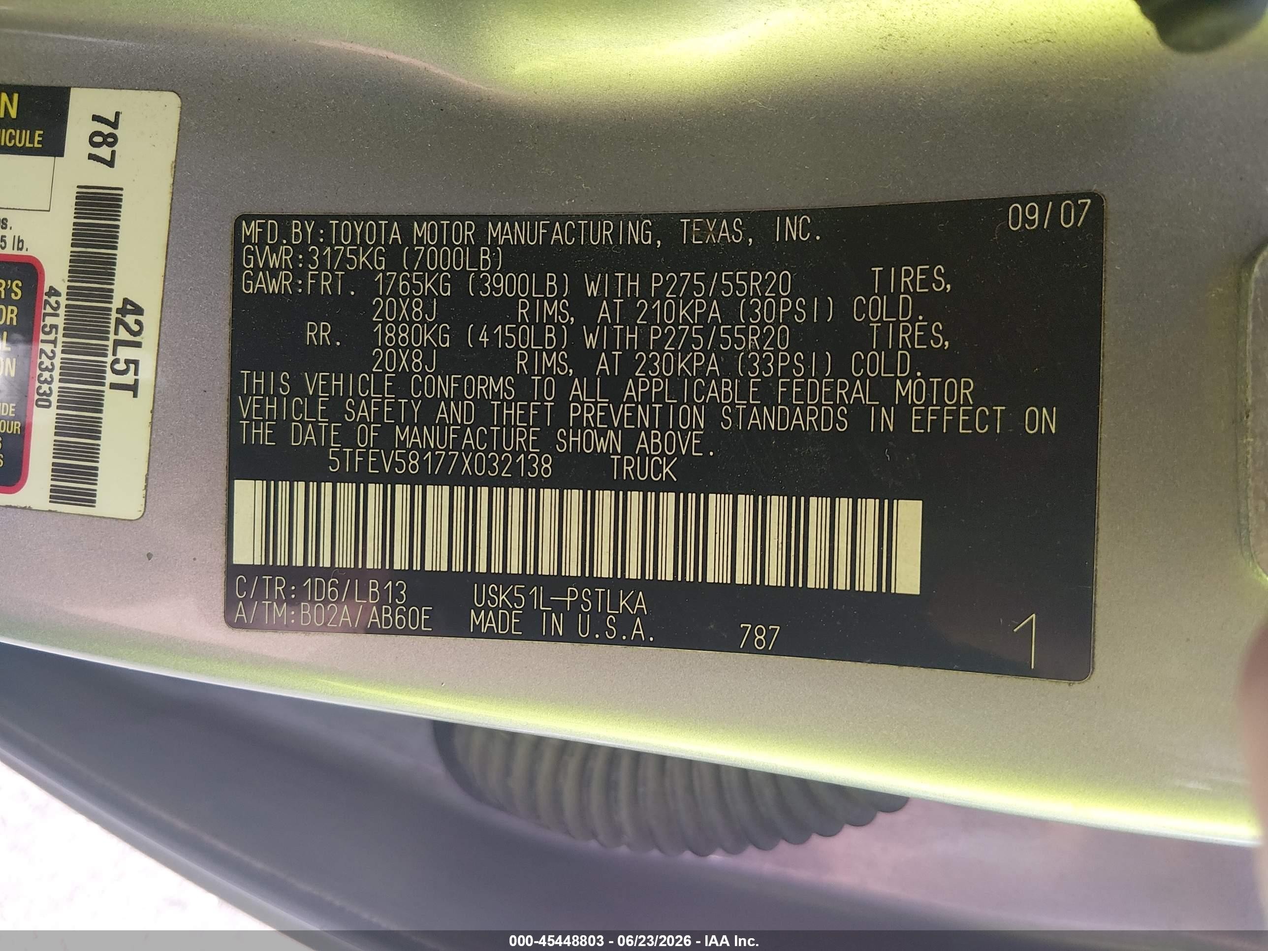 2007 Toyota Tundra Limited 5.7l V8 Silver vin: 5TFEV58177X032138