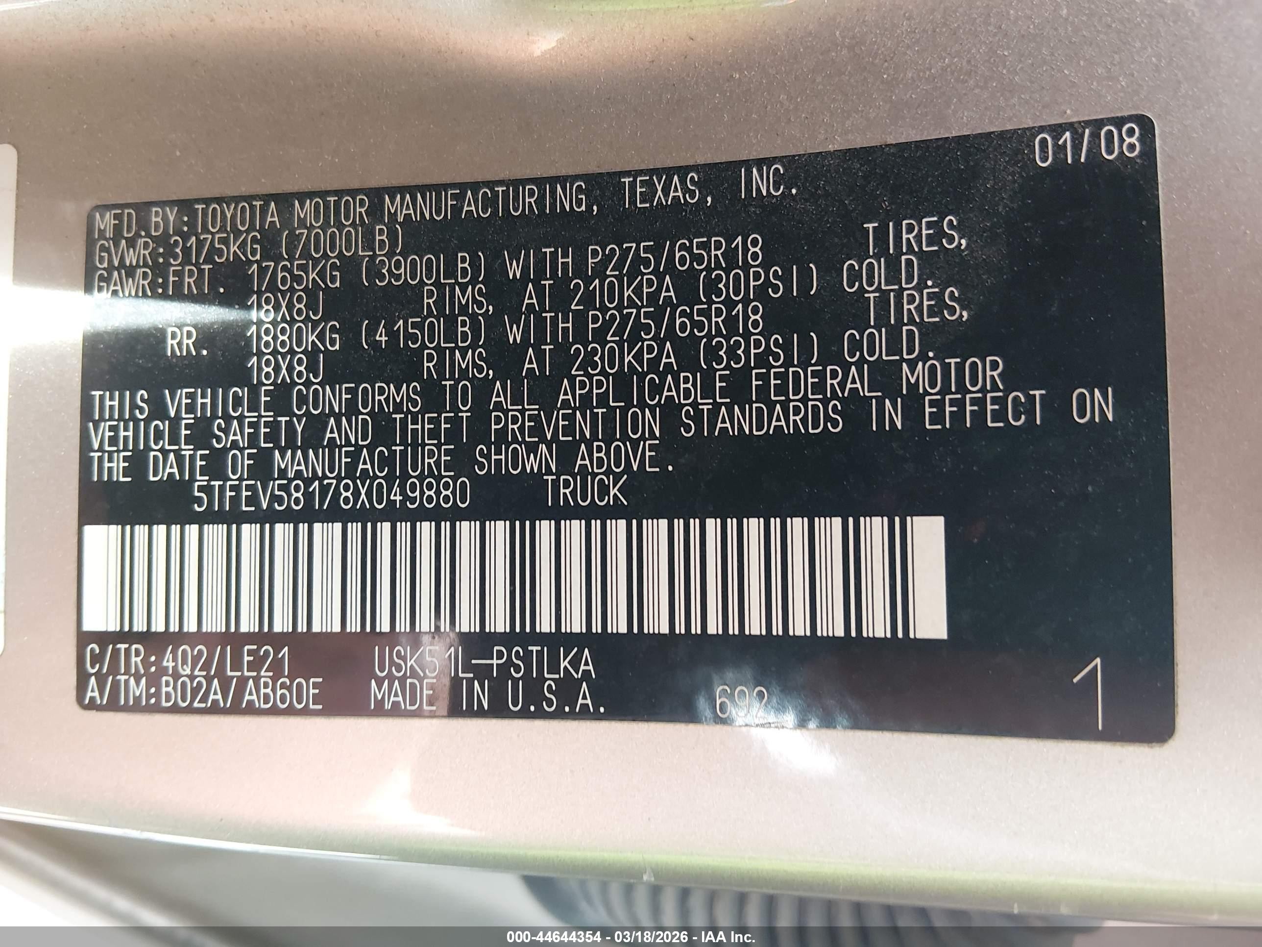 2008 Toyota Tundra Limited 5.7l V8 Tan vin: 5TFEV58178X049880