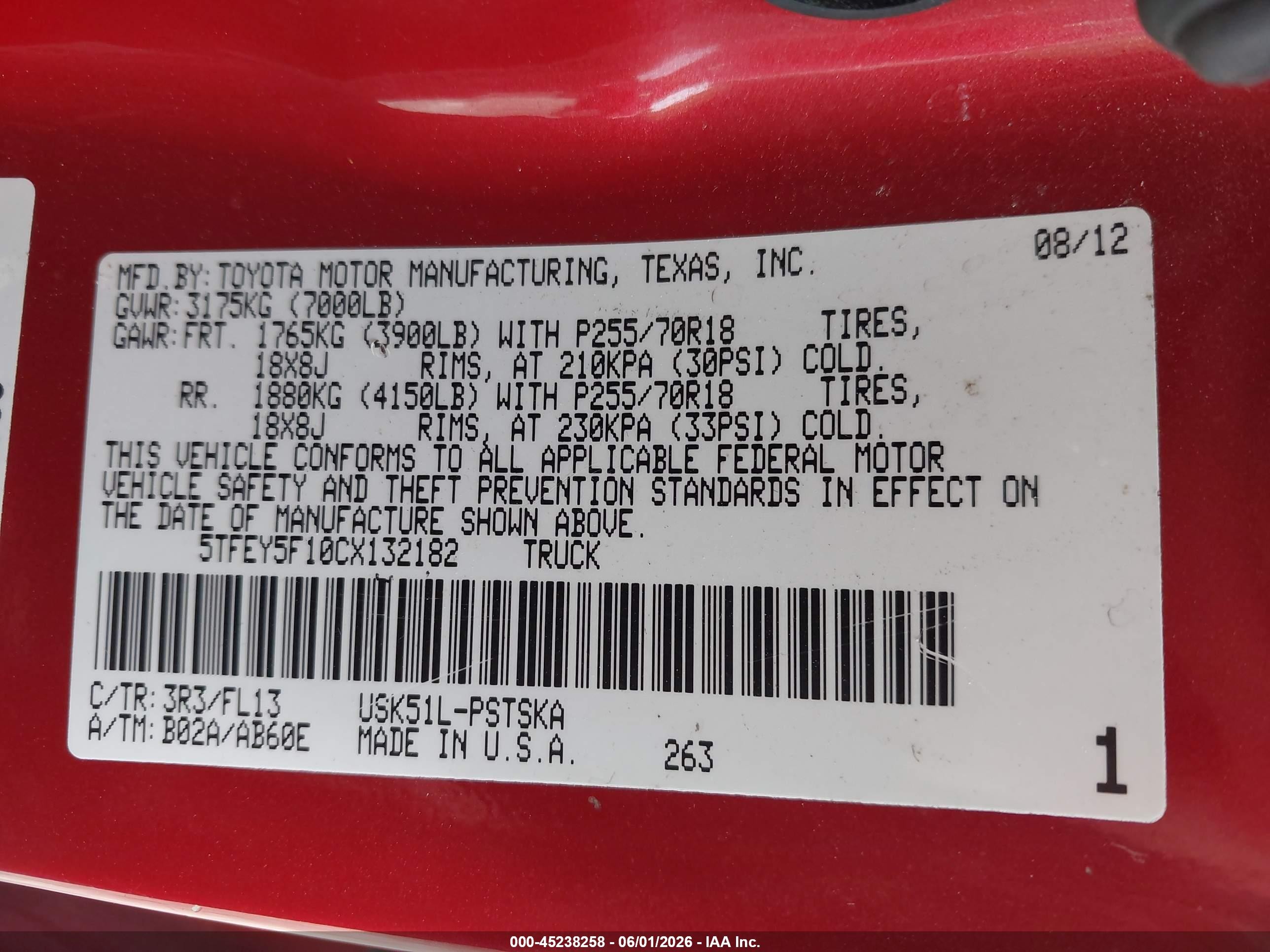 2012 Toyota Tundra Grade 5.7l V8 Red vin: 5TFEY5F10CX132182