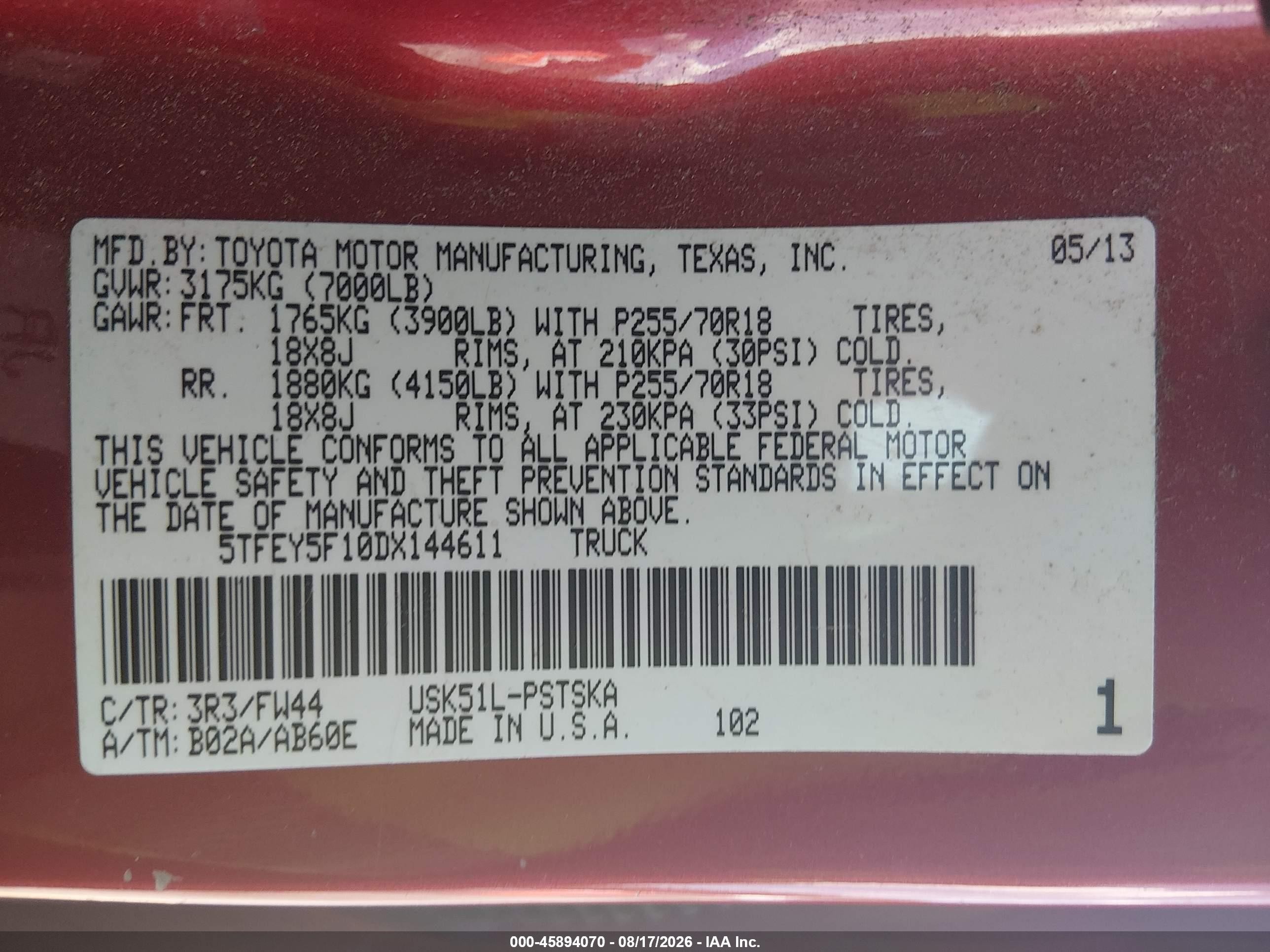 2013 Toyota Tundra Grade 5.7l V8 Red vin: 5TFEY5F10DX144611