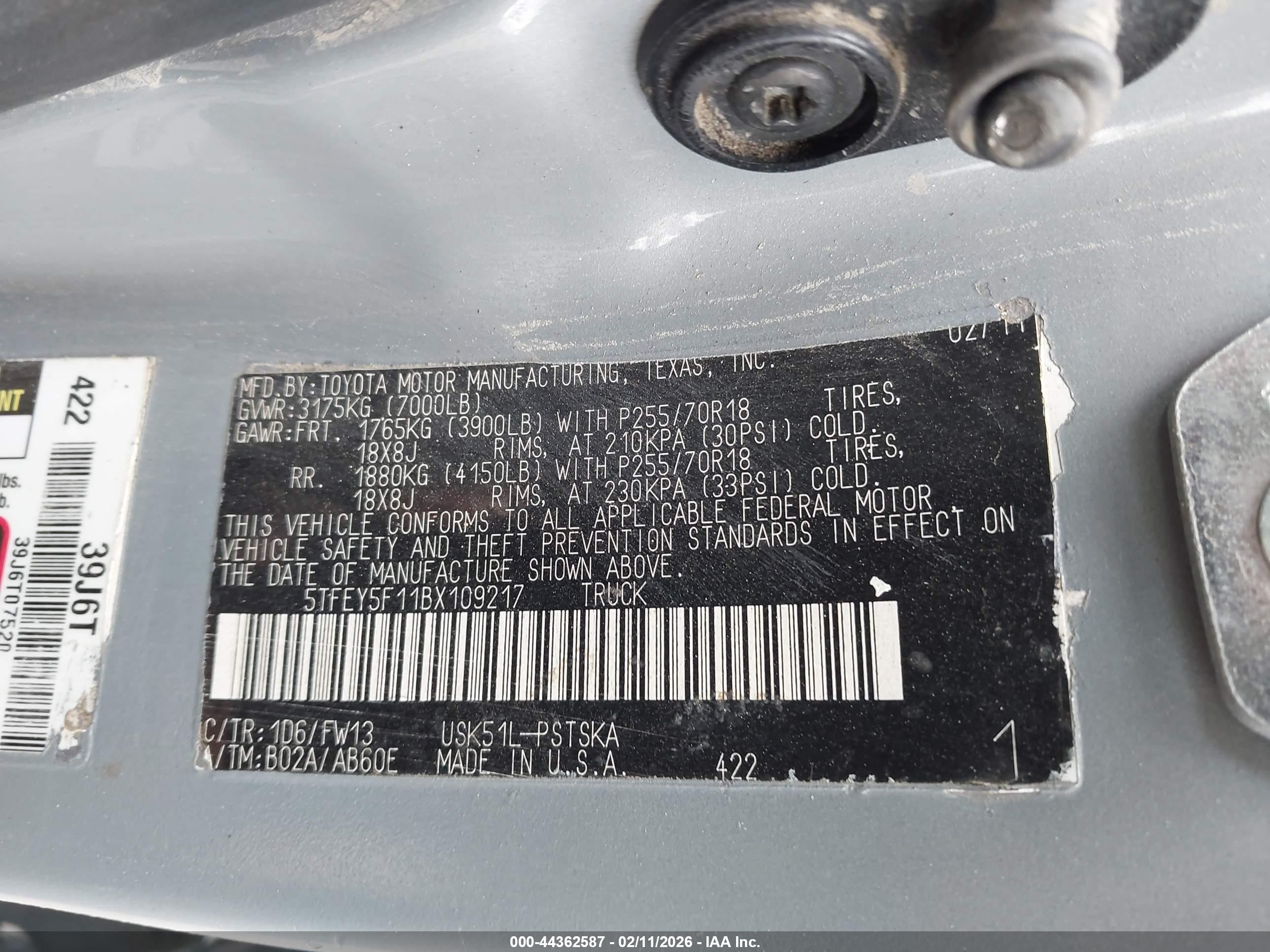 2011 Toyota Tundra Grade 5.7l V8 Gray vin: 5TFEY5F11BX109217