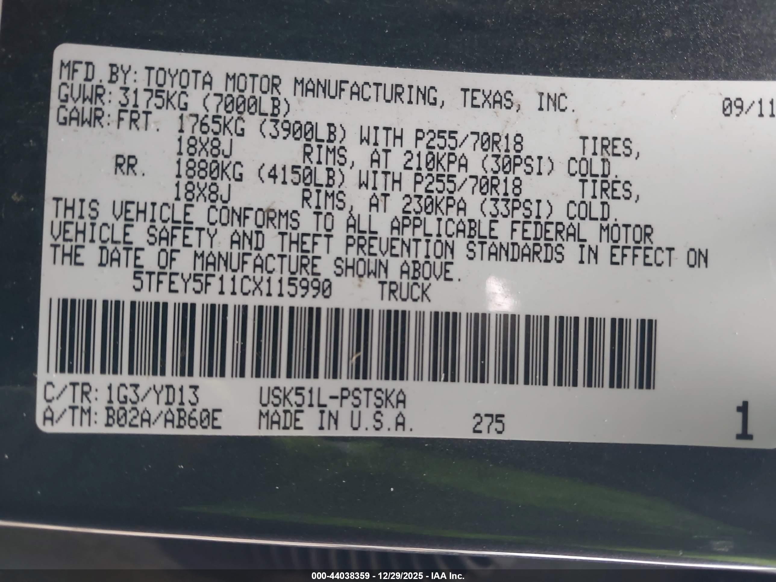 2012 Toyota Tundra Grade 5.7l V8 Gray vin: 5TFEY5F11CX115990