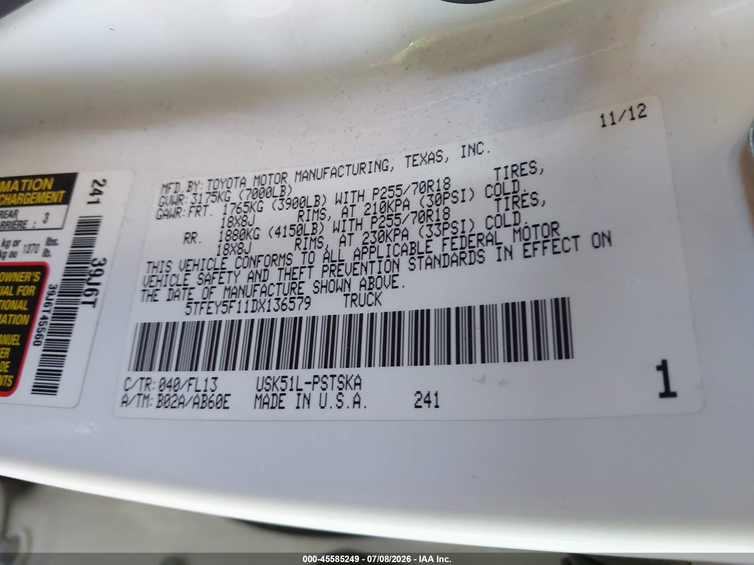 2013 Toyota Tundra Grade 5.7l V8 White vin: 5TFEY5F11DX136579