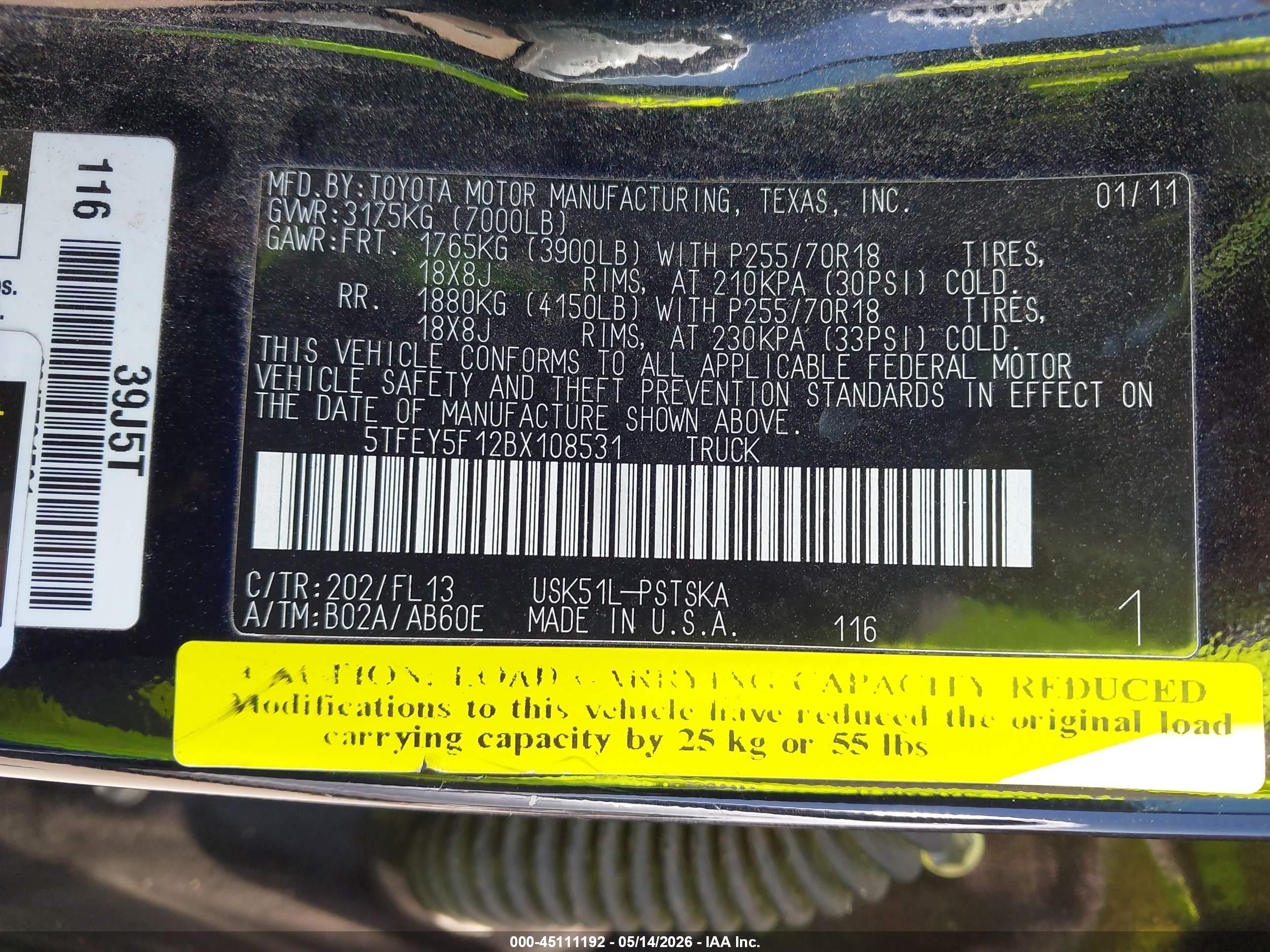 2011 Toyota Tundra Grade 5.7l V8 Черный vin: 5TFEY5F12BX108531