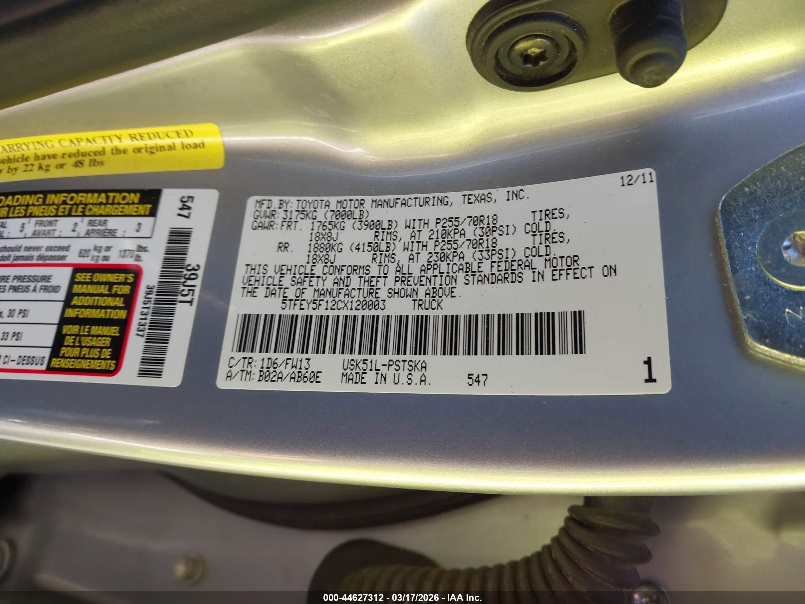 2012 Toyota Tundra Grade 5.7l V8 Silver vin: 5TFEY5F12CX120003