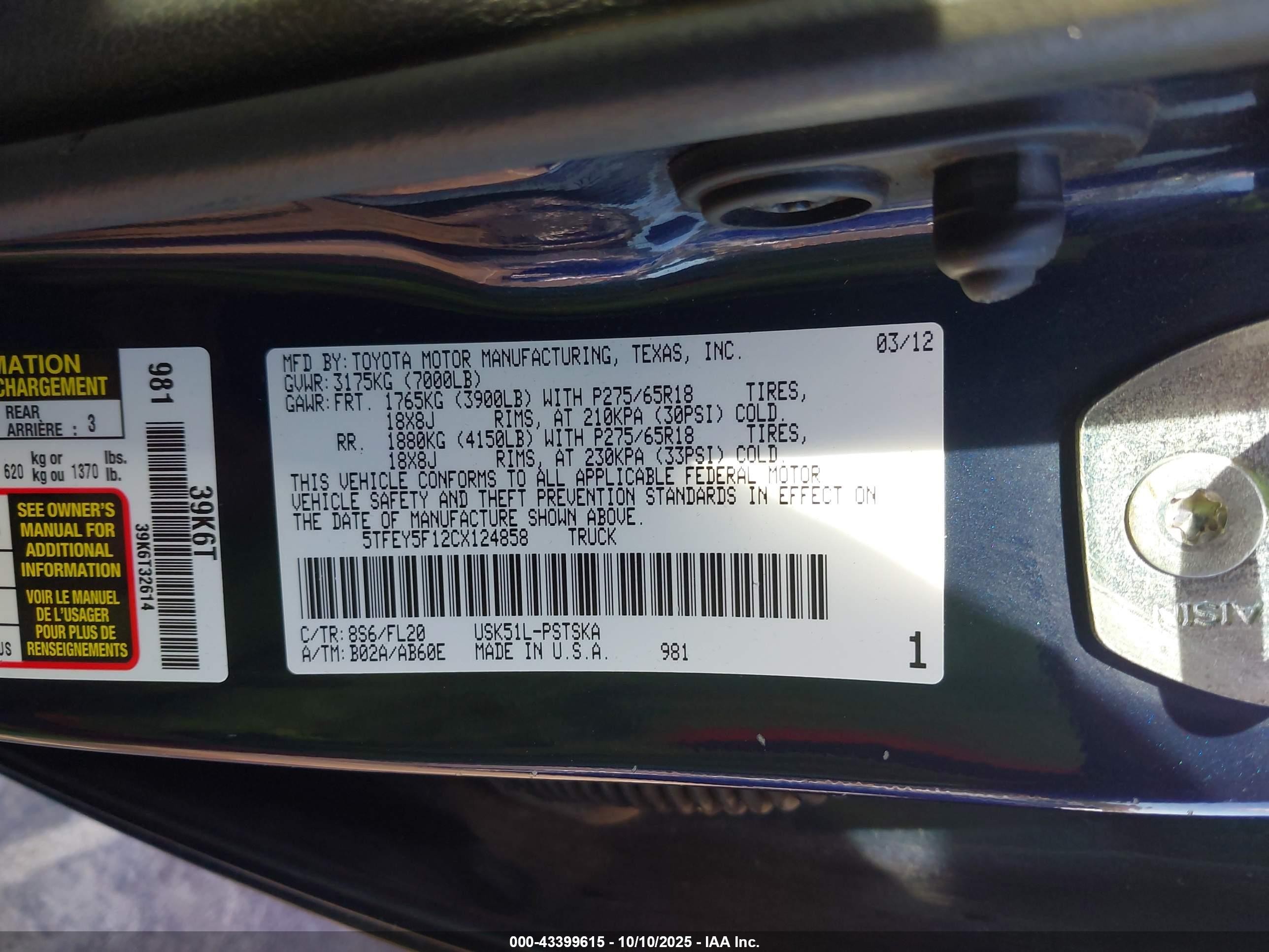 2012 Toyota Tundra Grade 5.7l V8 Blue vin: 5TFEY5F12CX124858
