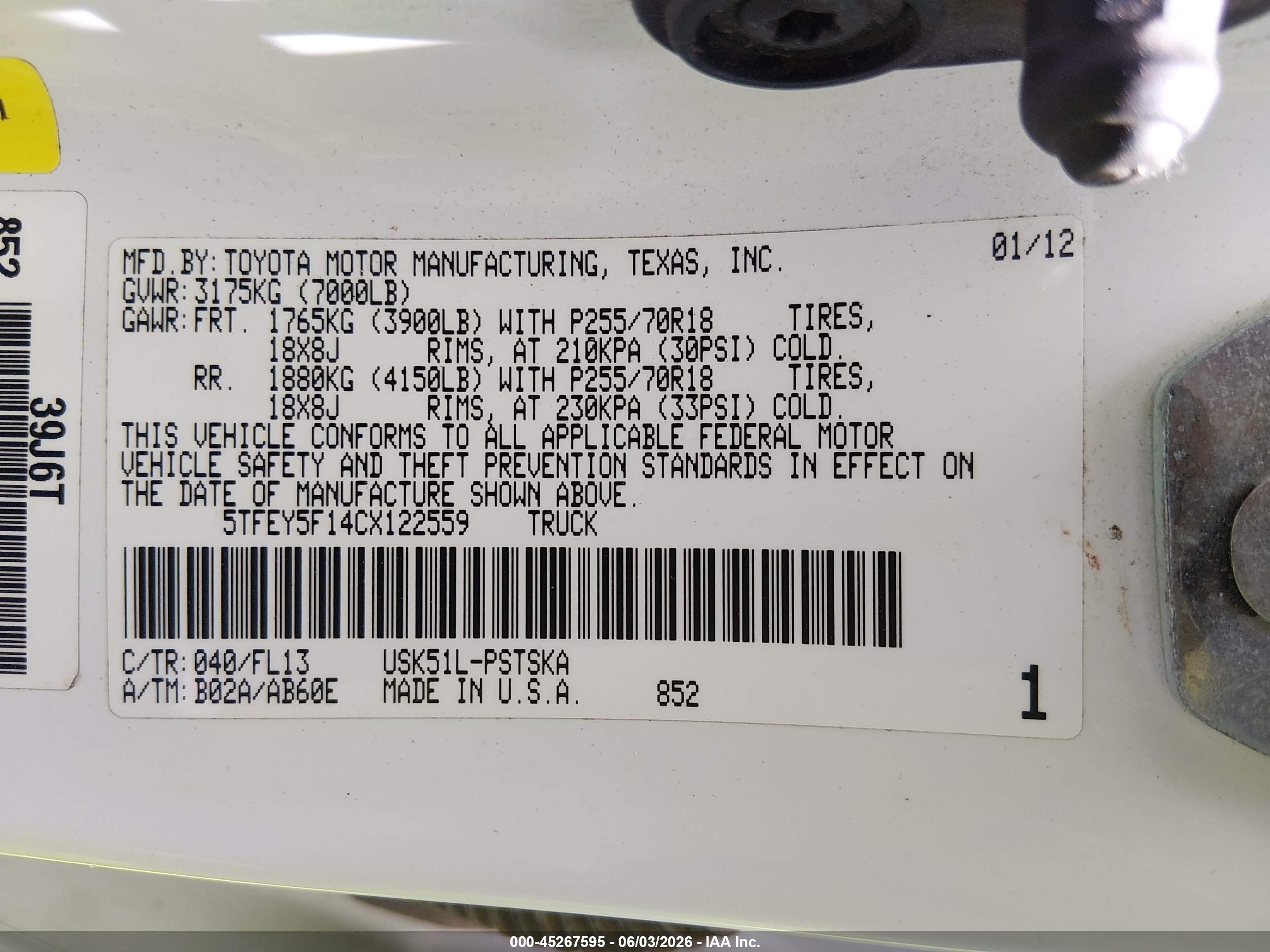 2012 Toyota Tundra Grade 5.7l V8 Белый vin: 5TFEY5F14CX122559