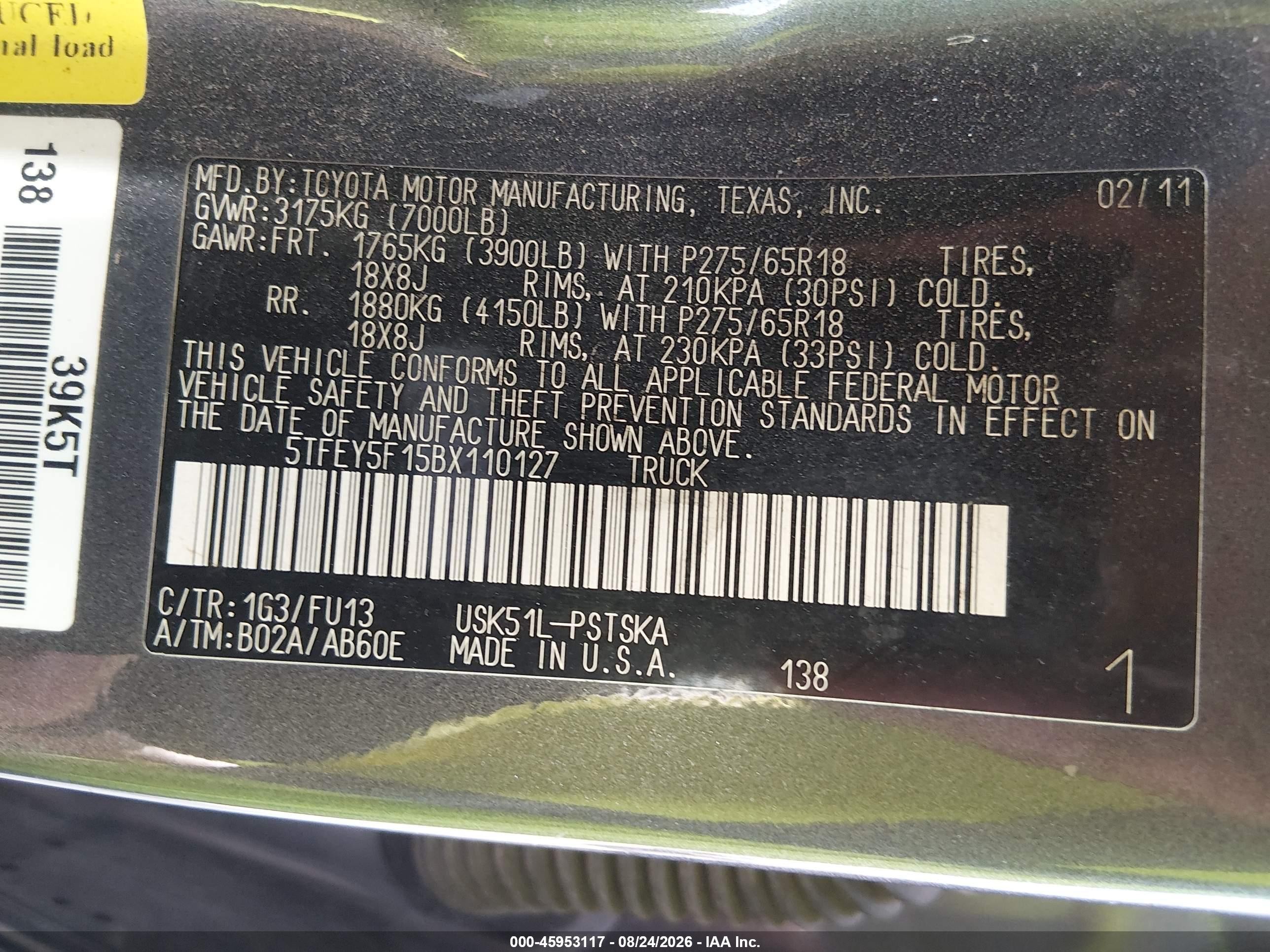 2011 Toyota Tundra Grade 5.7l V8 Gray vin: 5TFEY5F15BX110127