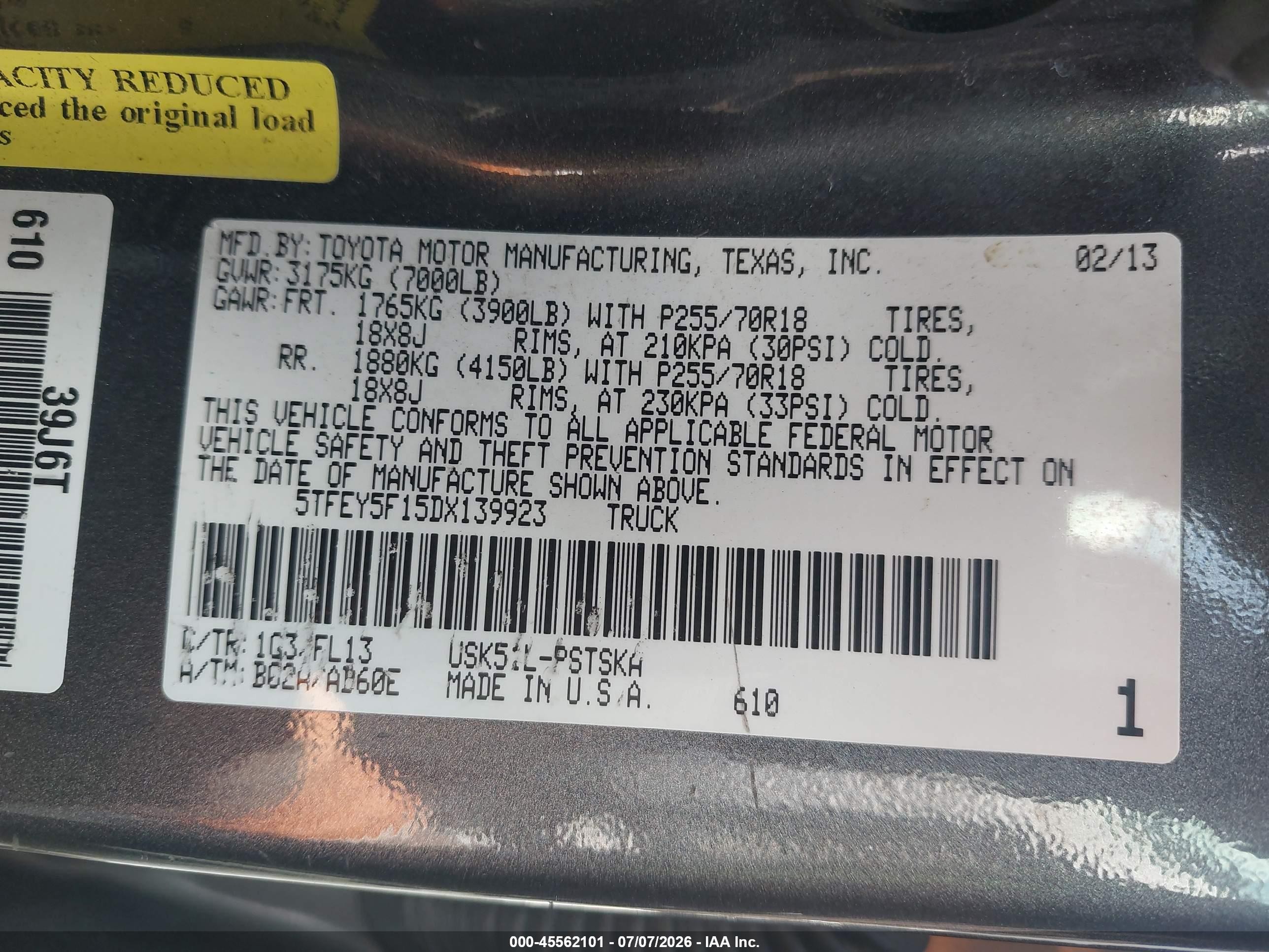 2013 Toyota Tundra Grade 5.7l V8 Gray vin: 5TFEY5F15DX139923