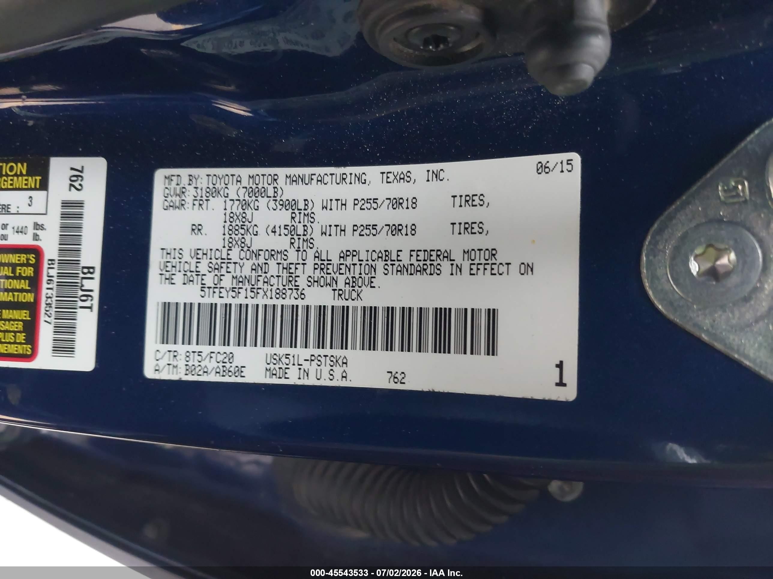 2015 Toyota Tundra Sr5 5.7l V8 Синий vin: 5TFEY5F15FX188736