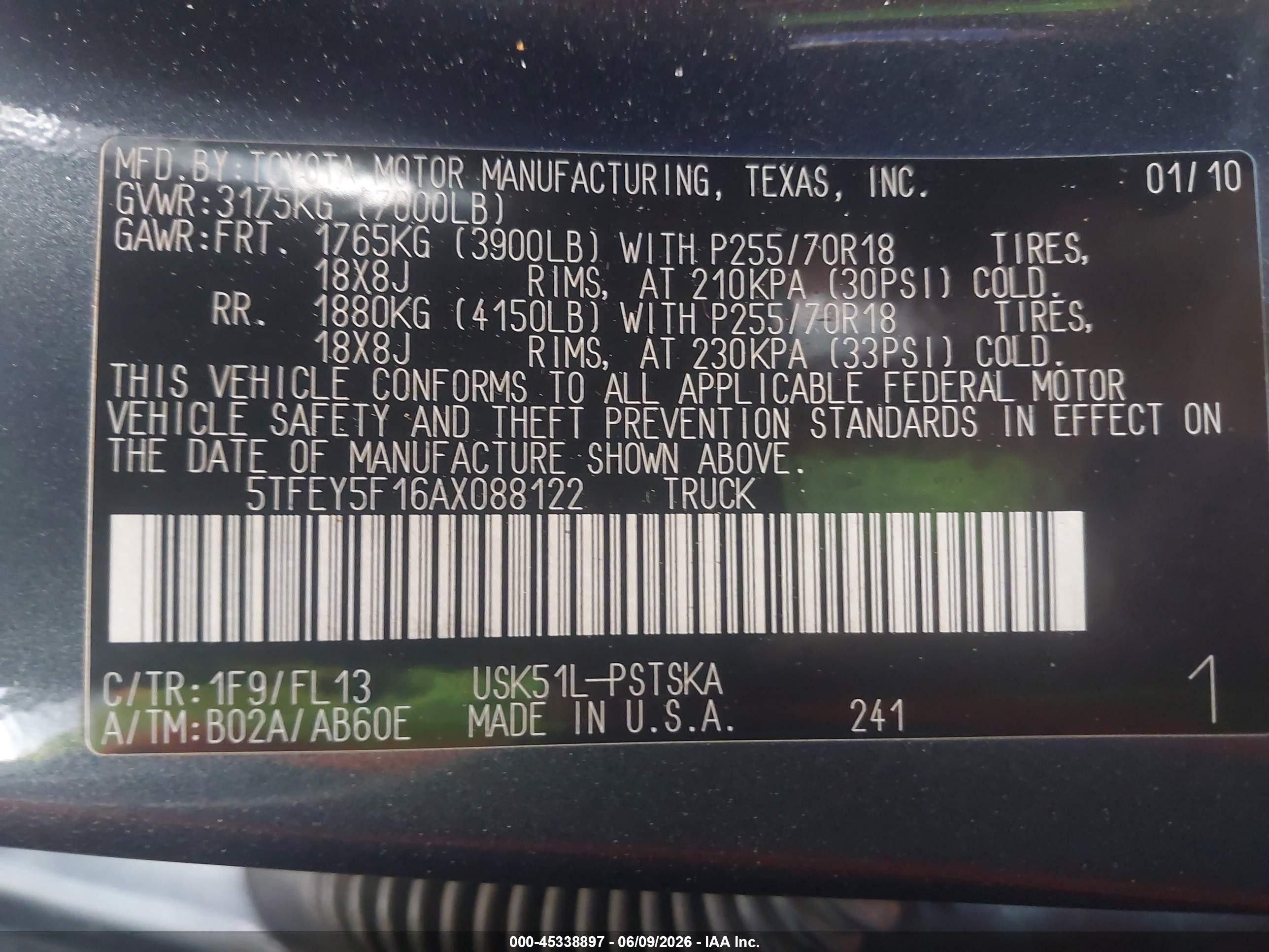 2010 Toyota Tundra Grade 5.7l V8 Black vin: 5TFEY5F16AX088122