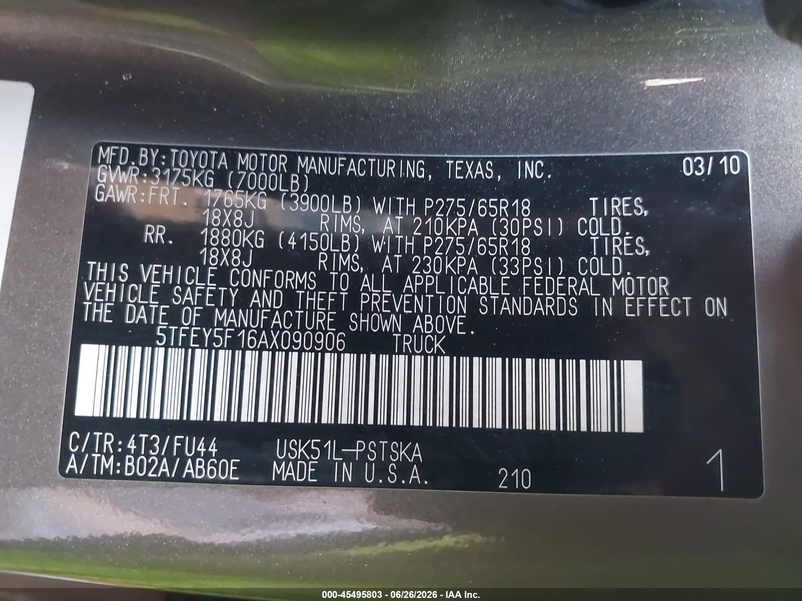 2010 Toyota Tundra Grade 5.7l V8 Brown vin: 5TFEY5F16AX090906