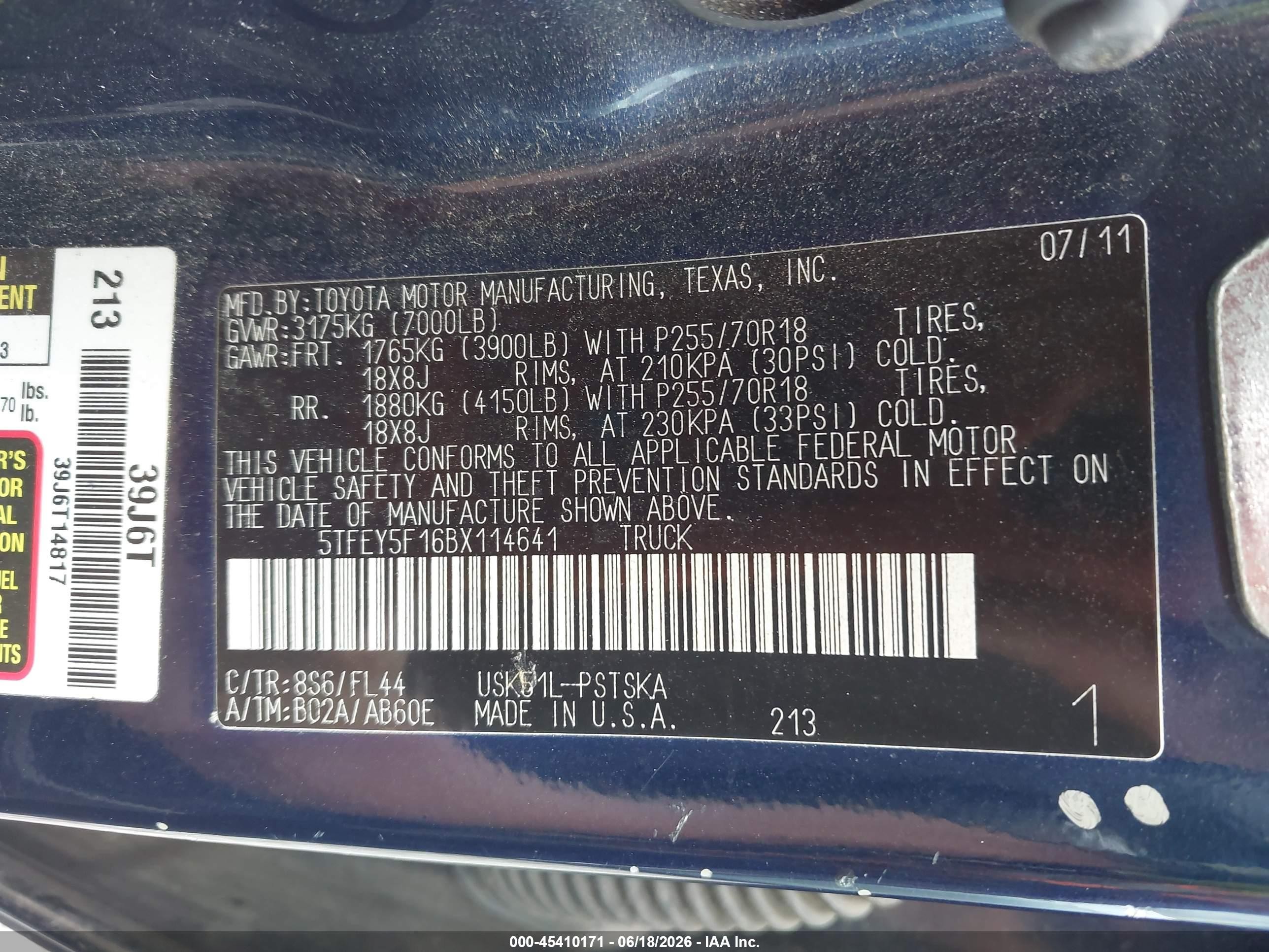 2011 Toyota Tundra Grade 5.7l V8 Blue vin: 5TFEY5F16BX114641