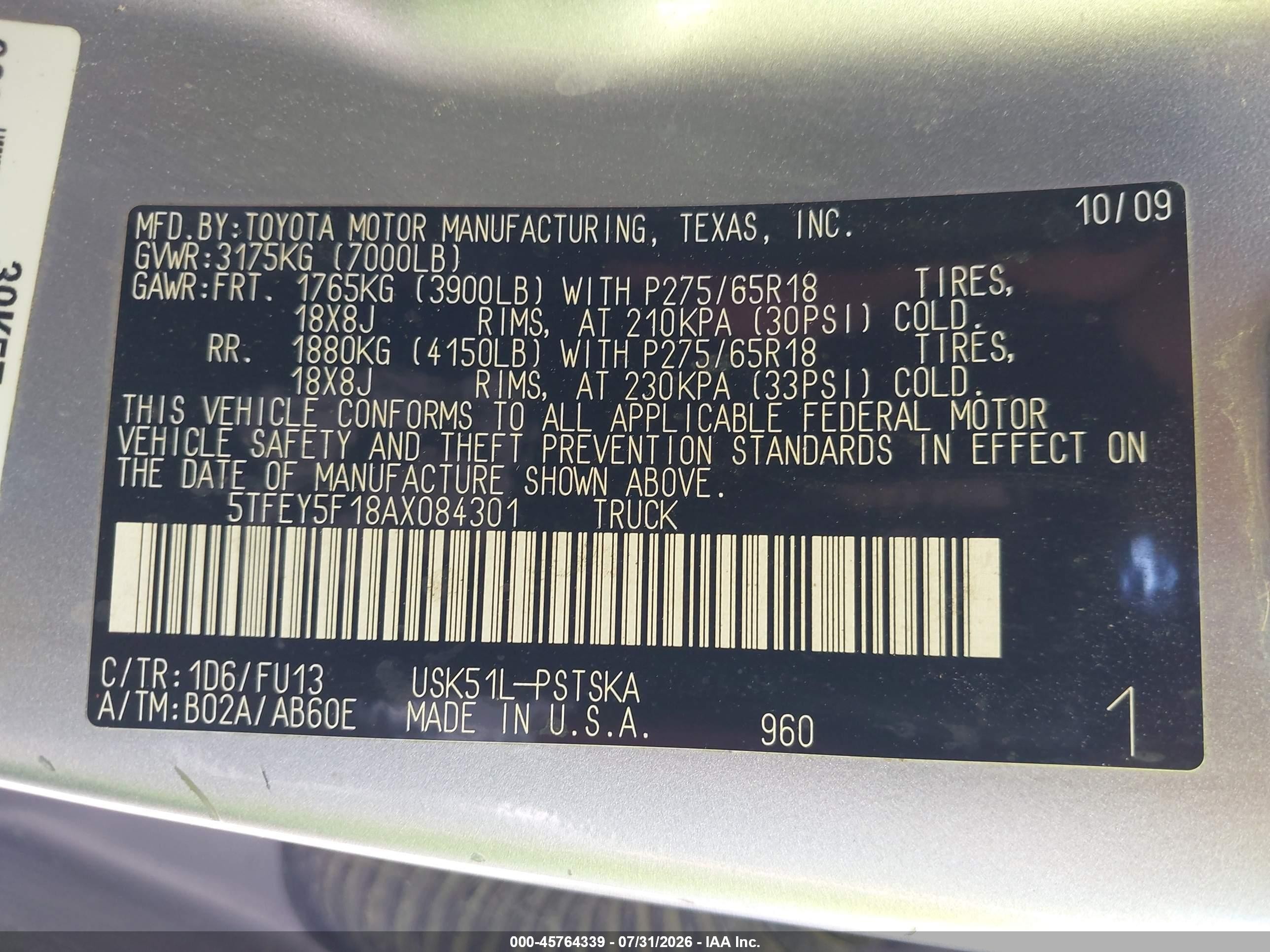 2010 Toyota Tundra Grade 5.7l V8 Silver vin: 5TFEY5F18AX084301