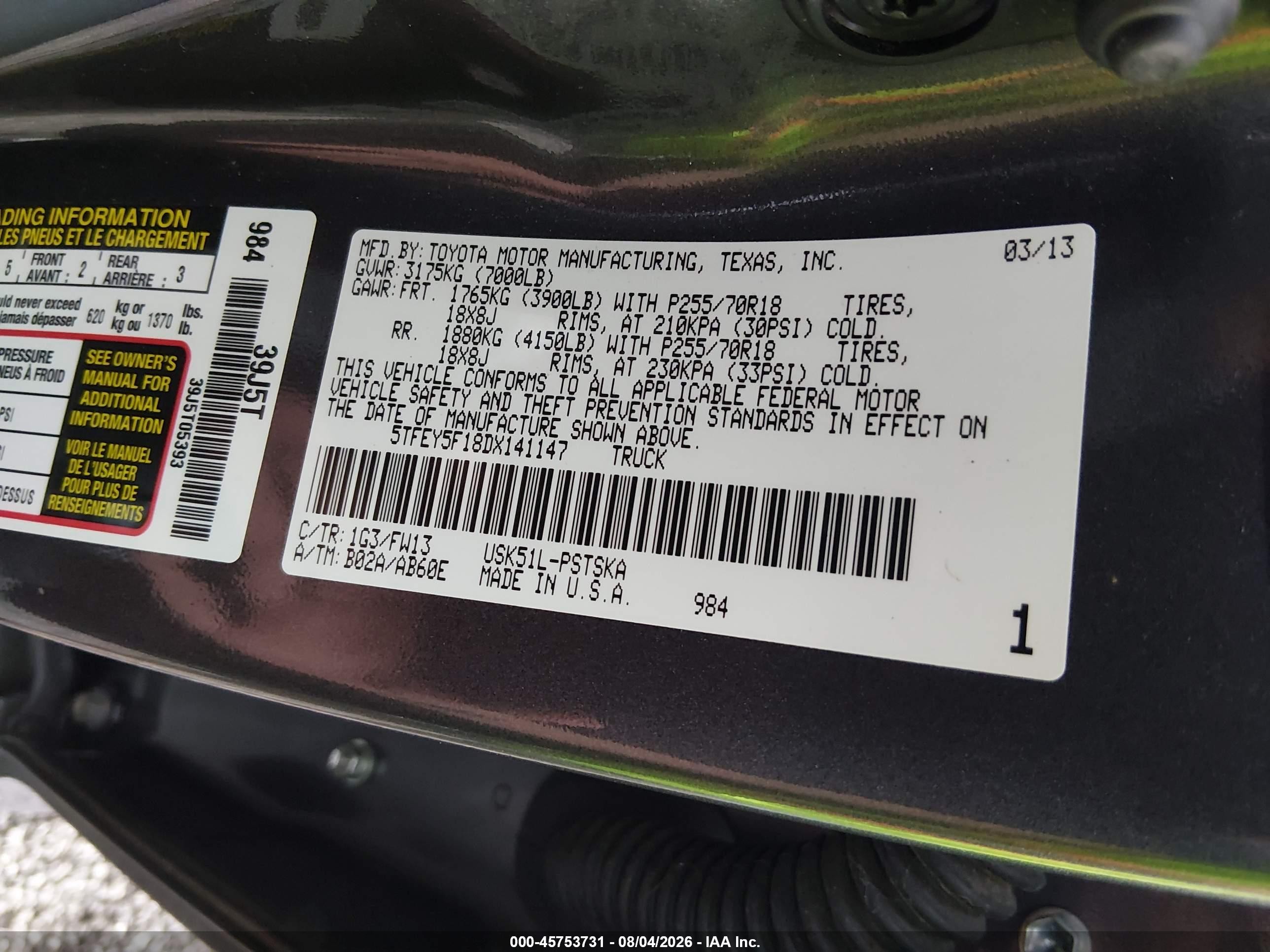 2013 Toyota Tundra Grade 5.7l V8 Gray vin: 5TFEY5F18DX141147