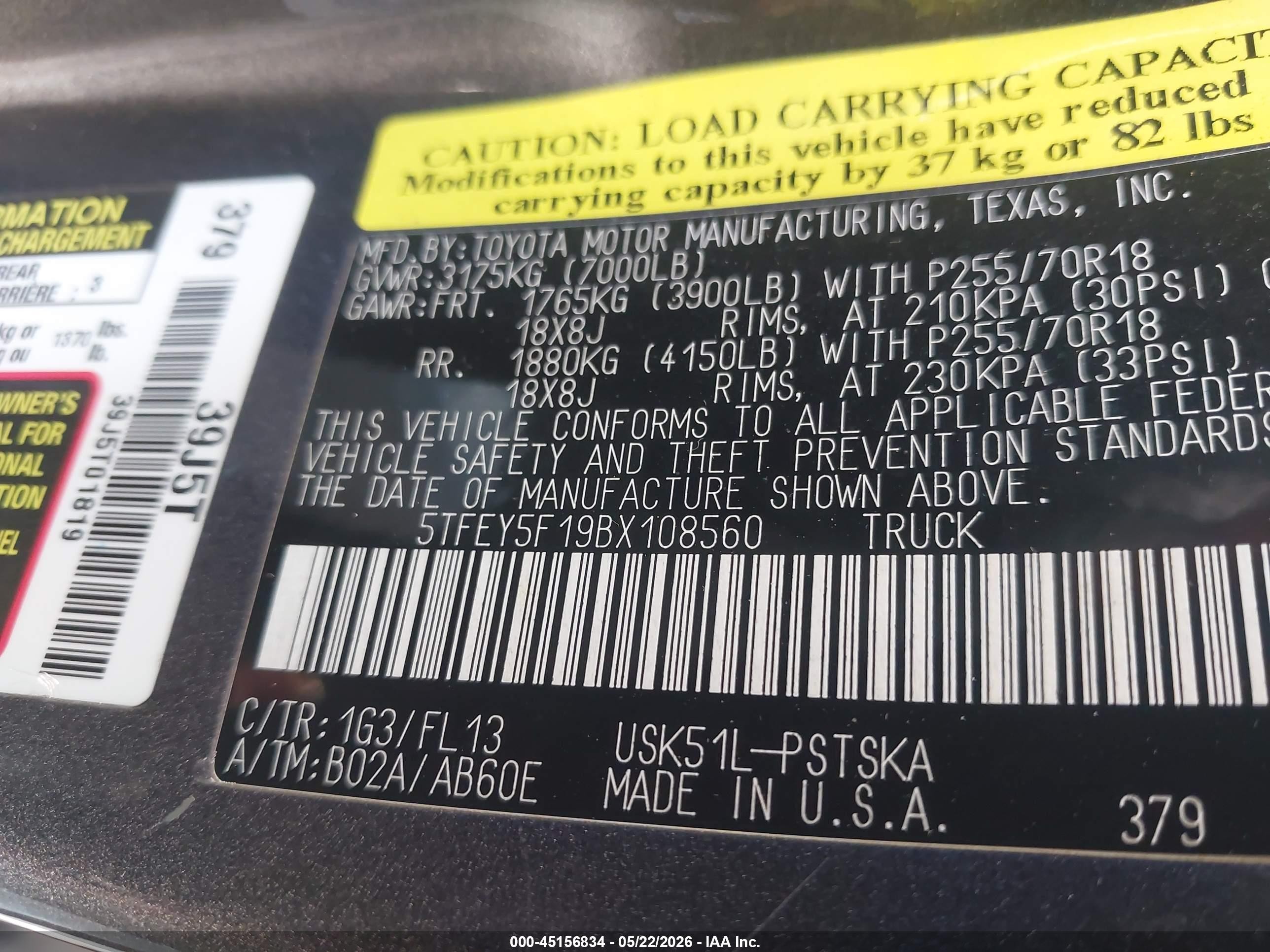 2011 Toyota Tundra Grade 5.7l V8 Черный vin: 5TFEY5F19BX108560