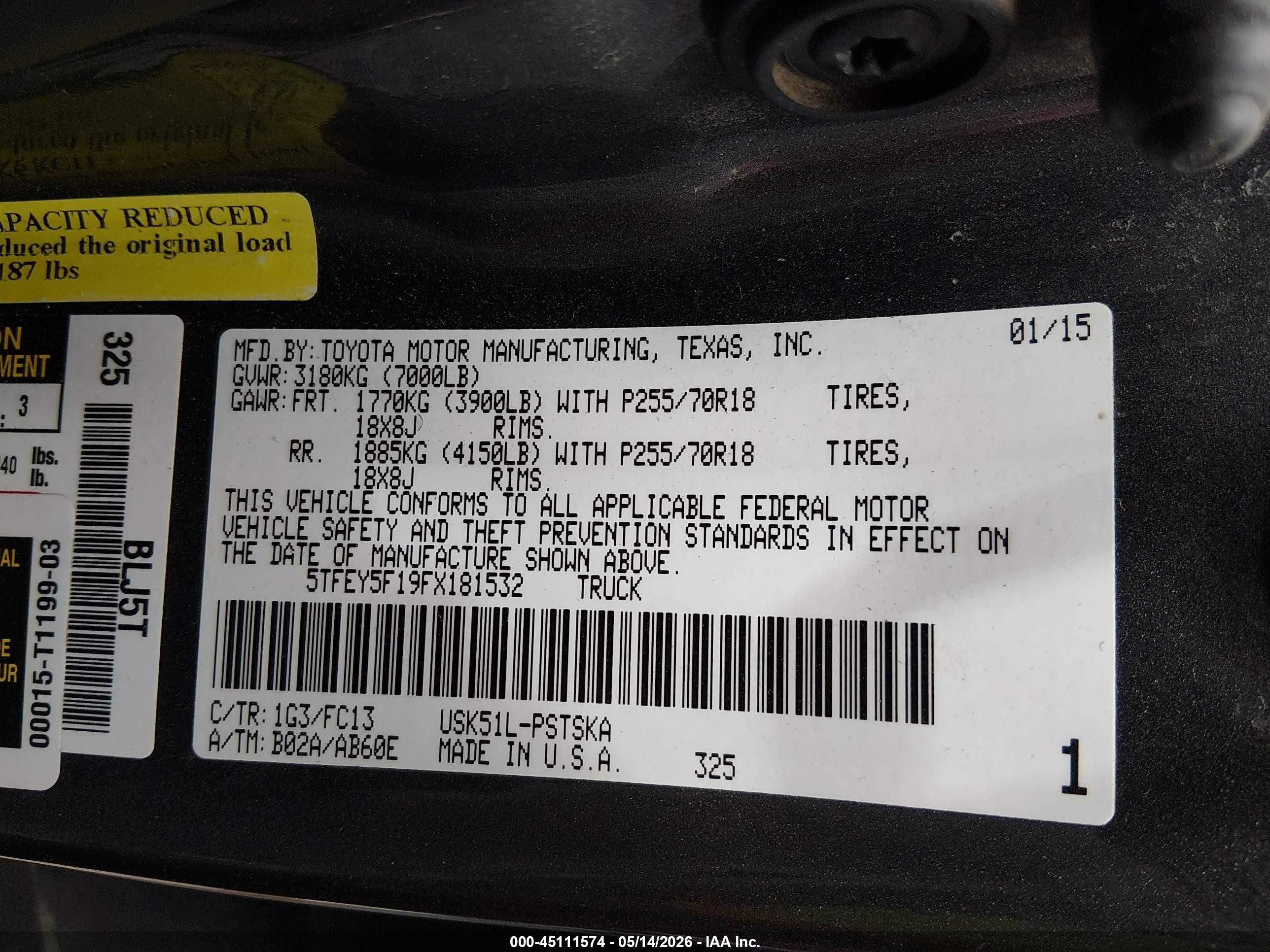2015 Toyota Tundra Sr5 5.7l V8 Gray vin: 5TFEY5F19FX181532