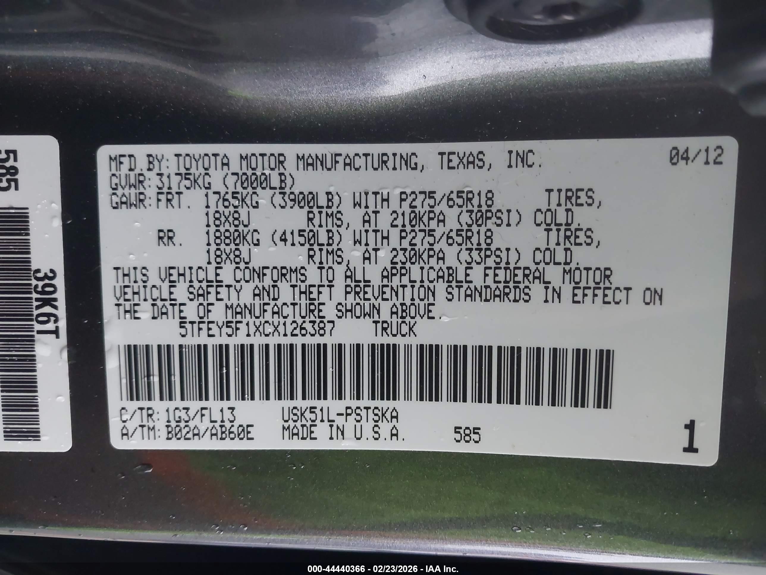 2012 Toyota Tundra Grade 5.7l V8 Gray vin: 5TFEY5F1XCX126387